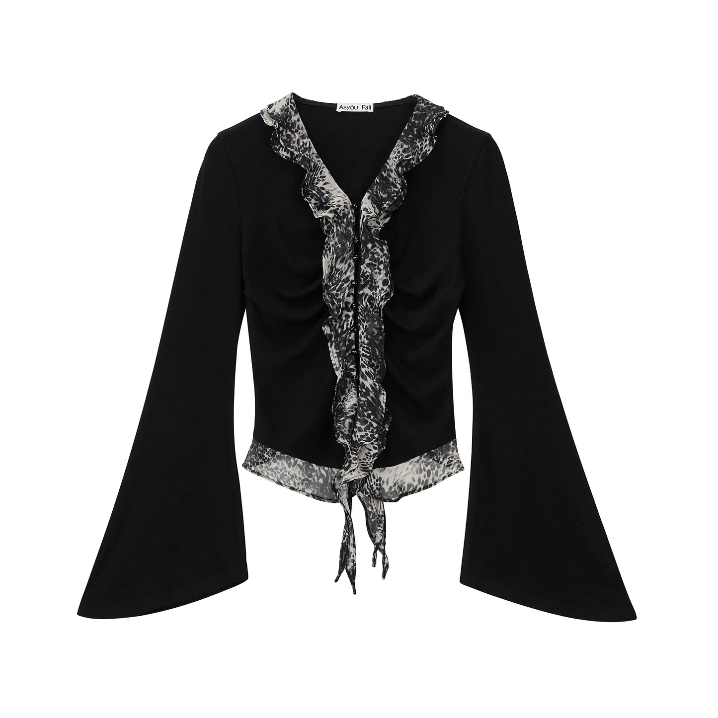 Lyocell Wool Leopard Bell-Sleeve Blouse