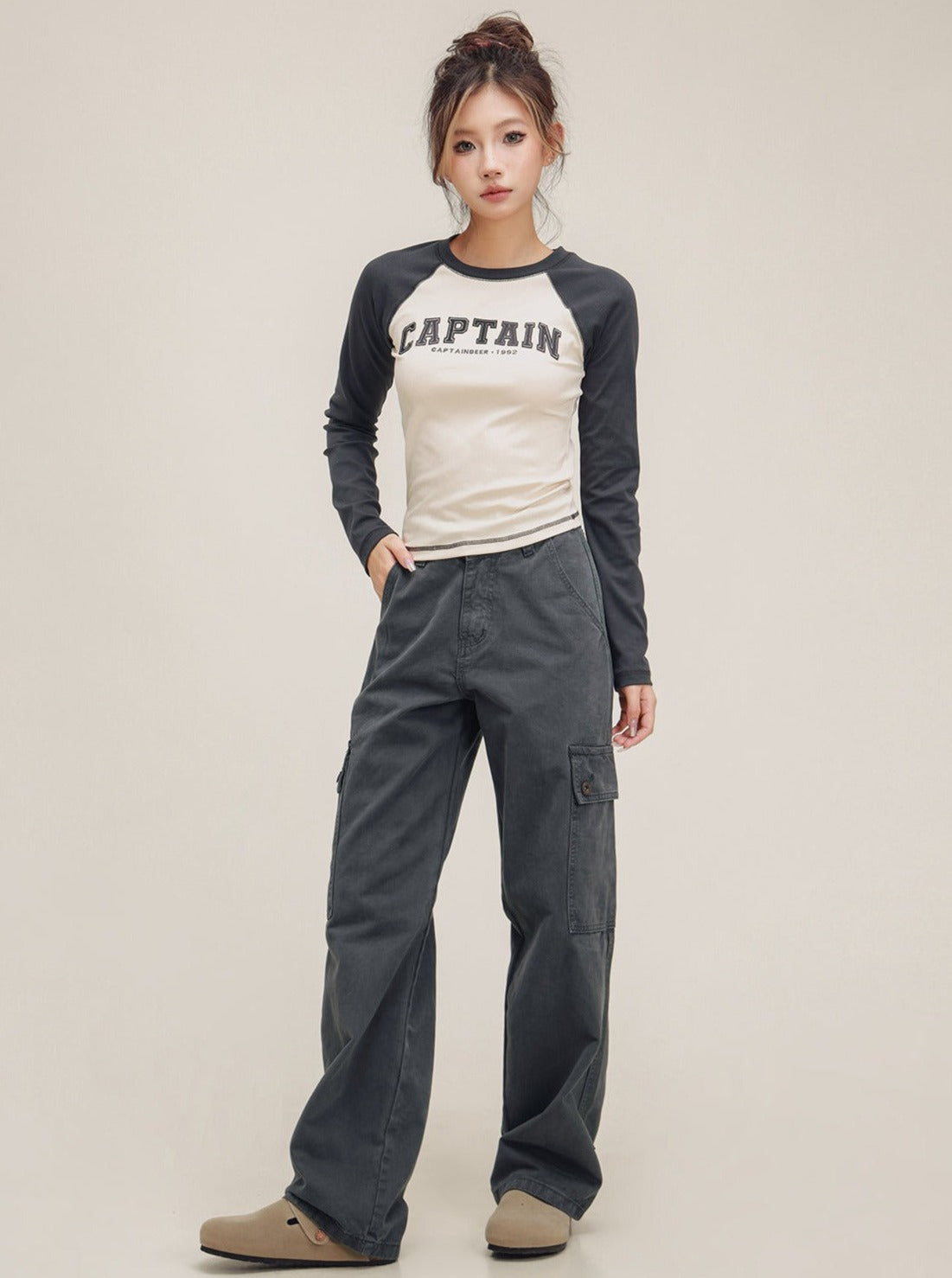 American high street pocket gray pants