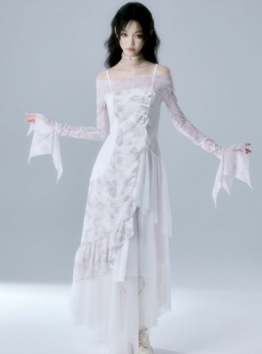 One-line Shoulder Buckle Slip Dress Set