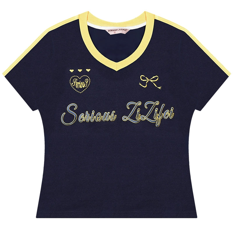 Retro Letter Embroidery V-Neck Top