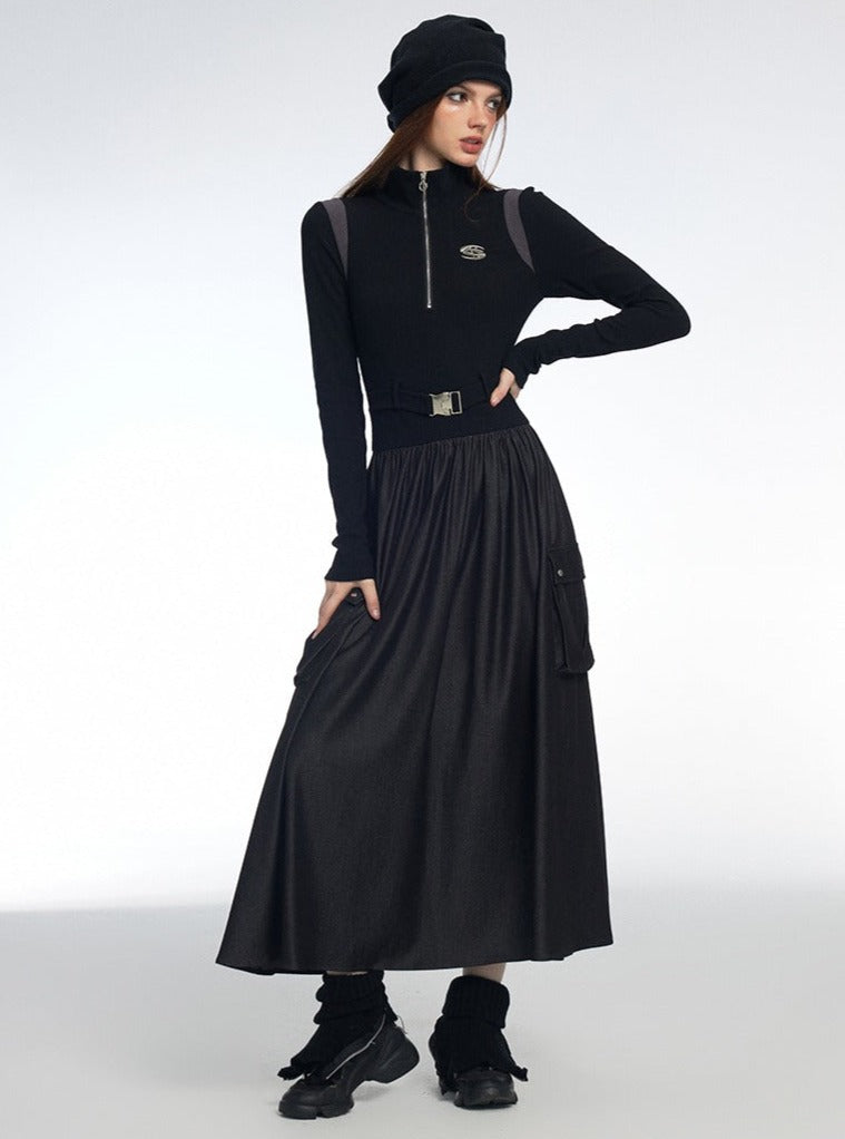 Retro Stitching Sports Black Cargo Dress