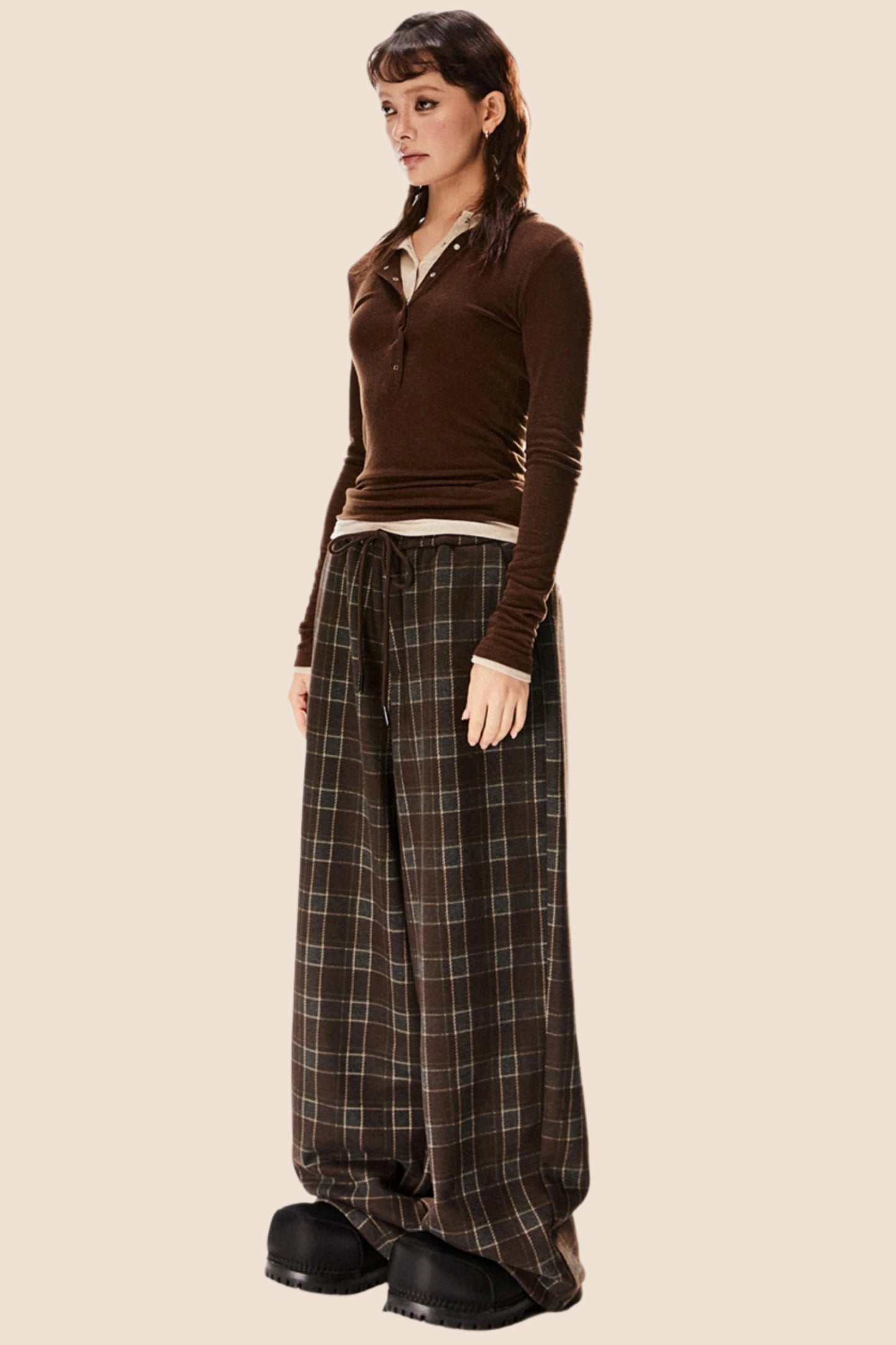 레트로 체크 와이드 레그 드로스트링 팬츠