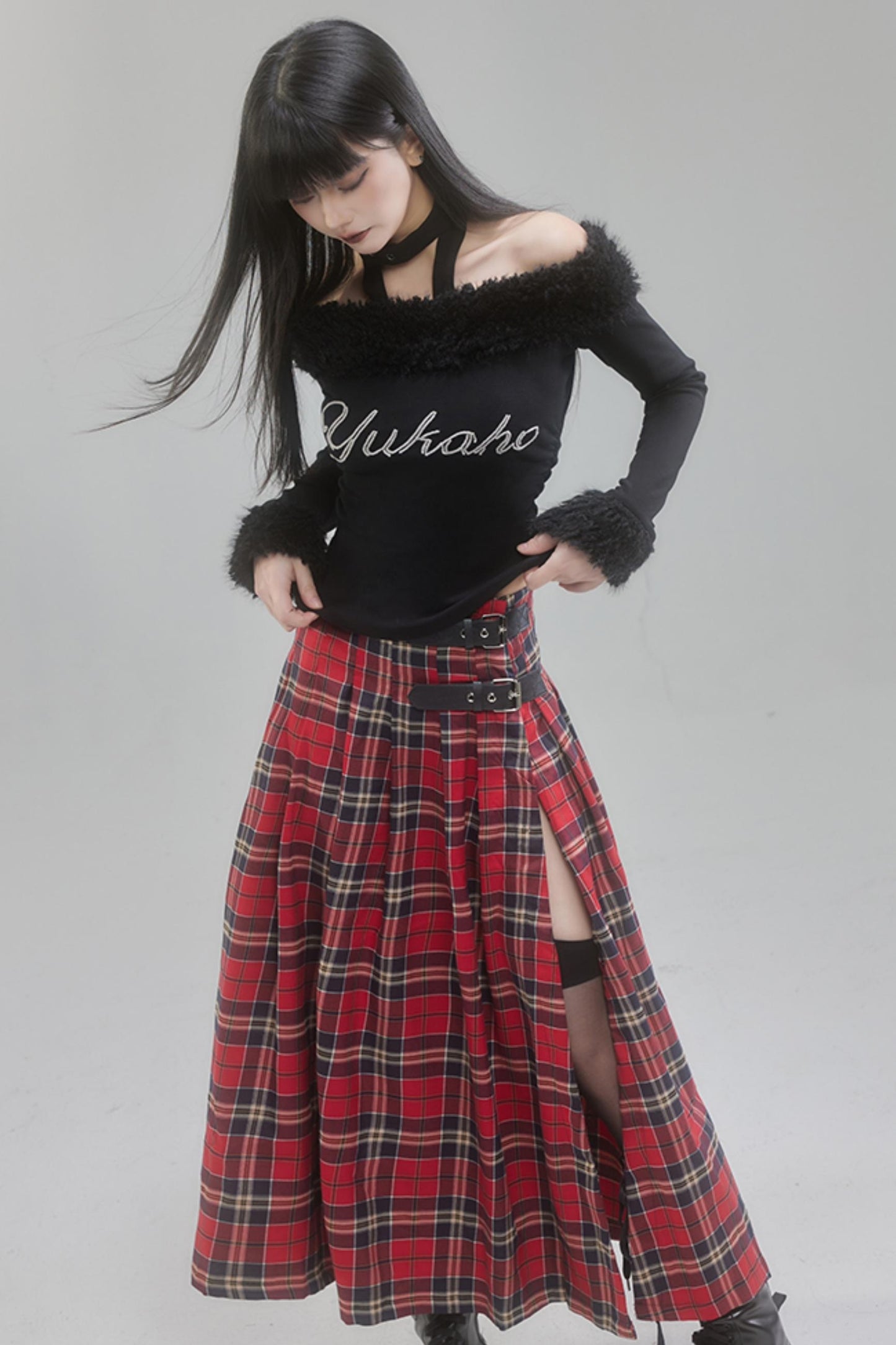 Jupe longue à fente en tartan