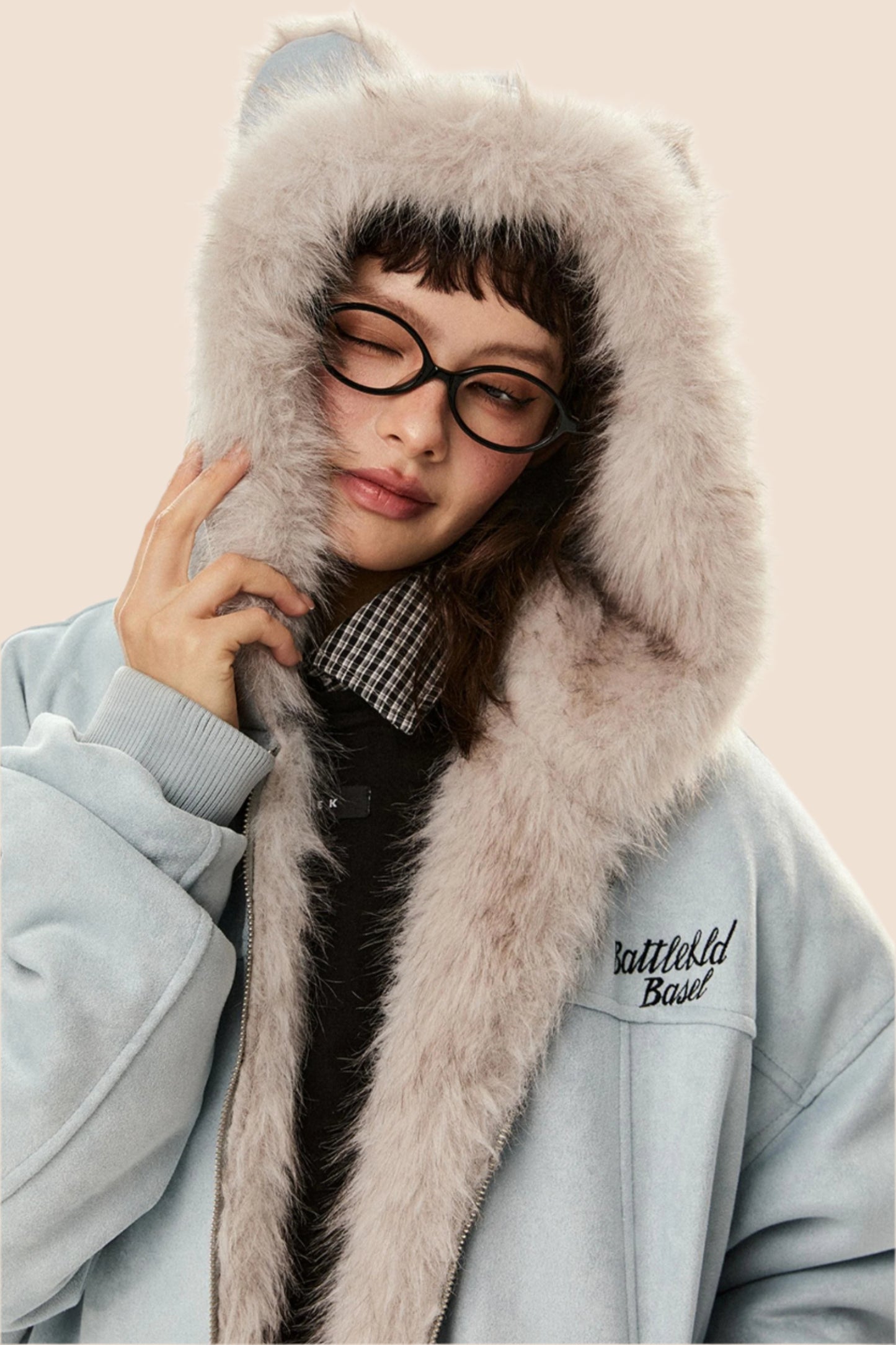 울 스웨이드 모피 후드 재킷