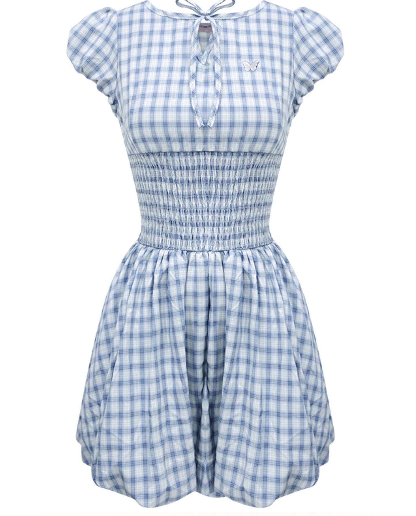 Blue Plaid Puff Sleeve Dress