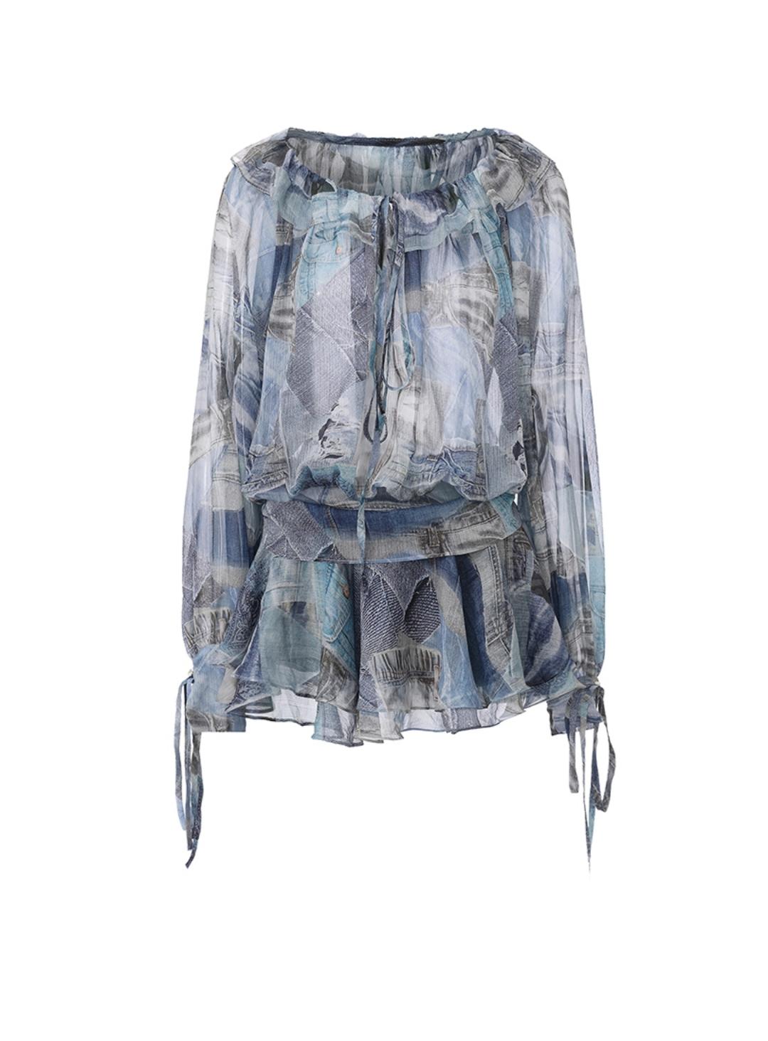 Rhythmic Ruffles Denim Drawstring Shirt Dress