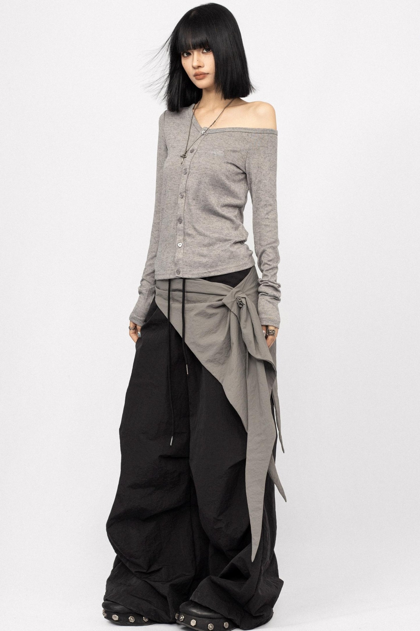 Slanted shoulder Long Sleeve Knitted Top