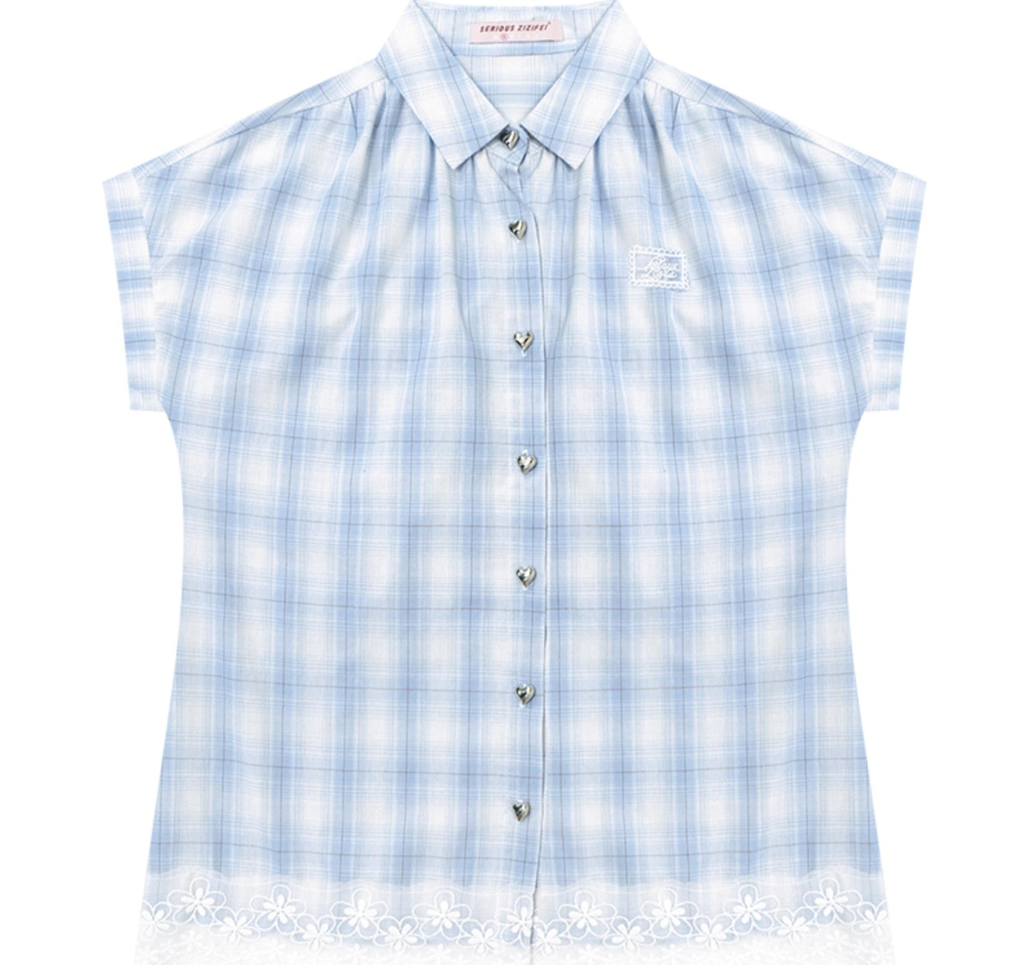 Vintage Blue Plaid Lace Trim Top