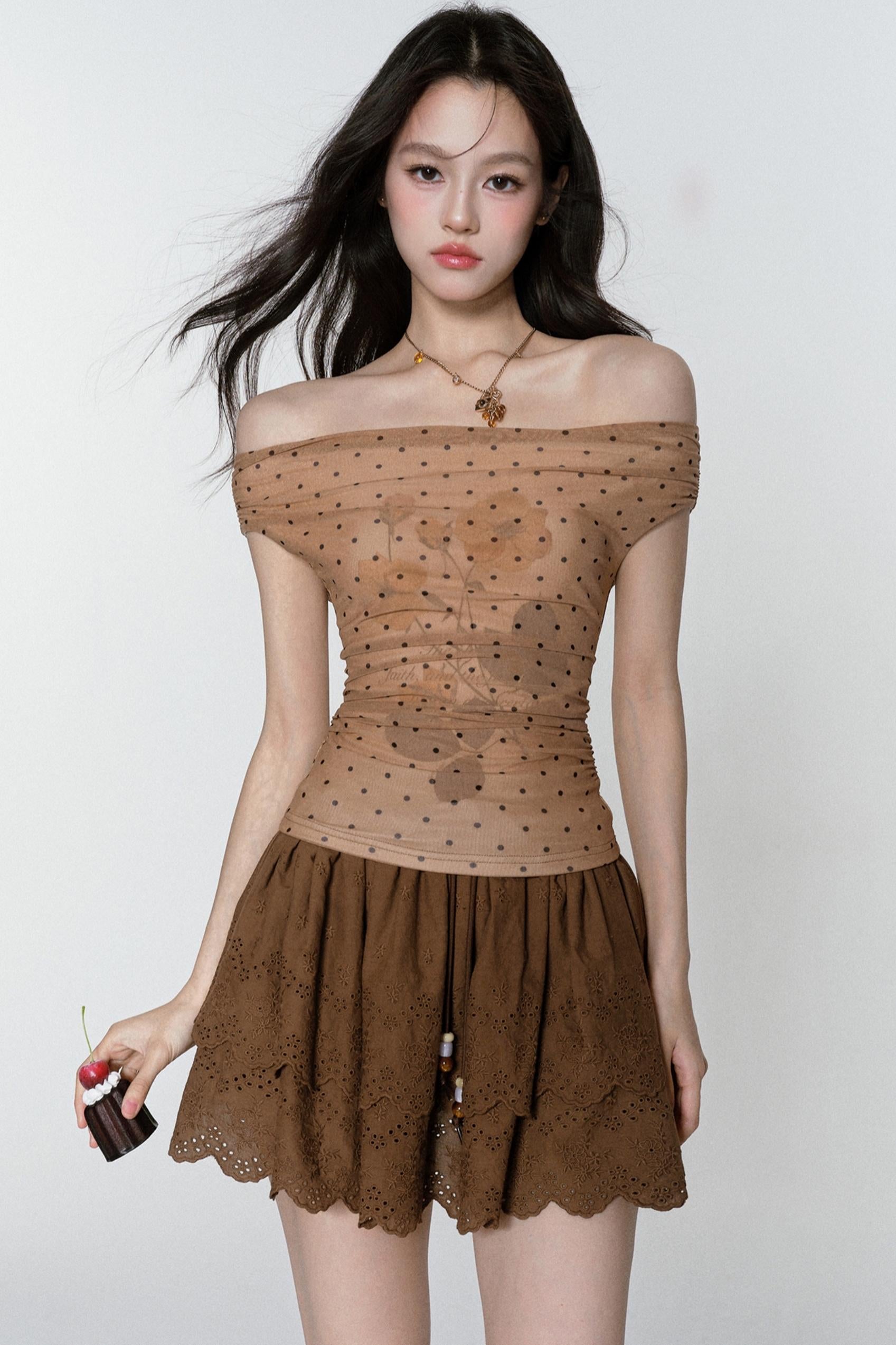 Polka Dots One Shoulder Top - Black