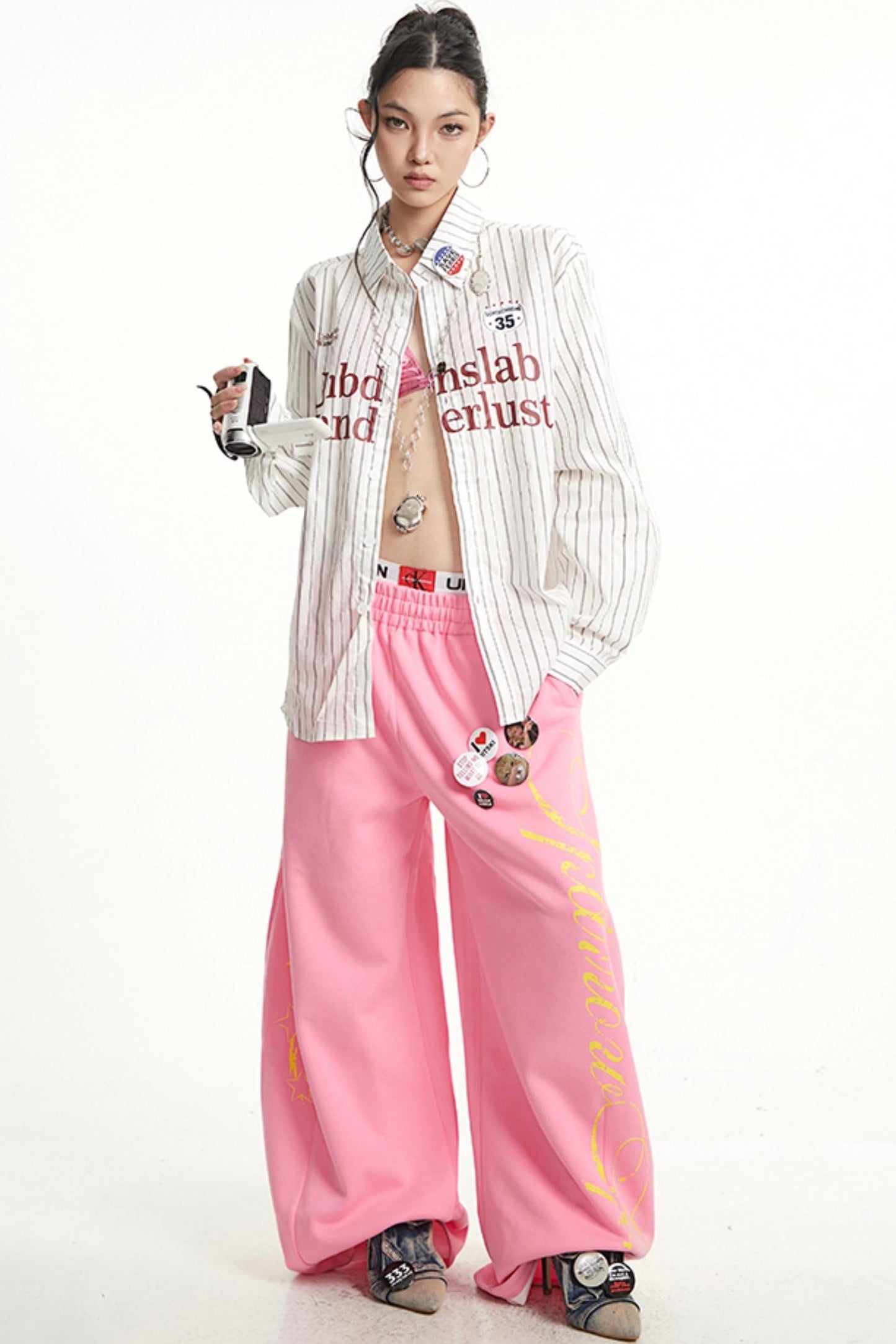 Vintage Monogram Print Wide-Leg Pants