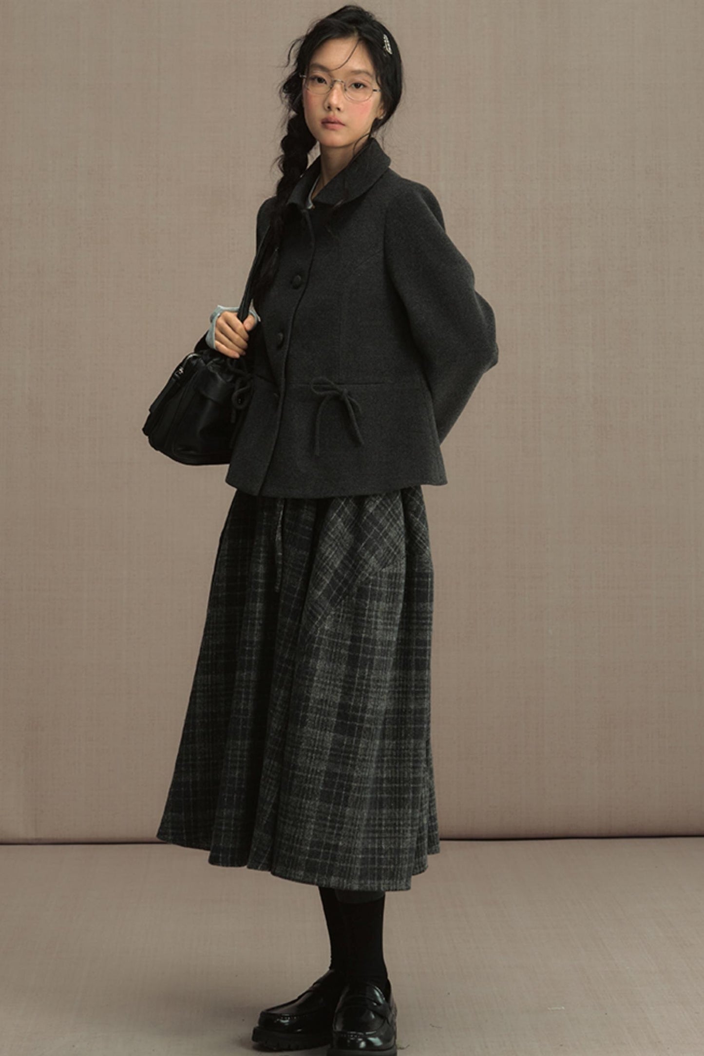 High-Waisted Plaid Woolen A-Line Skirt