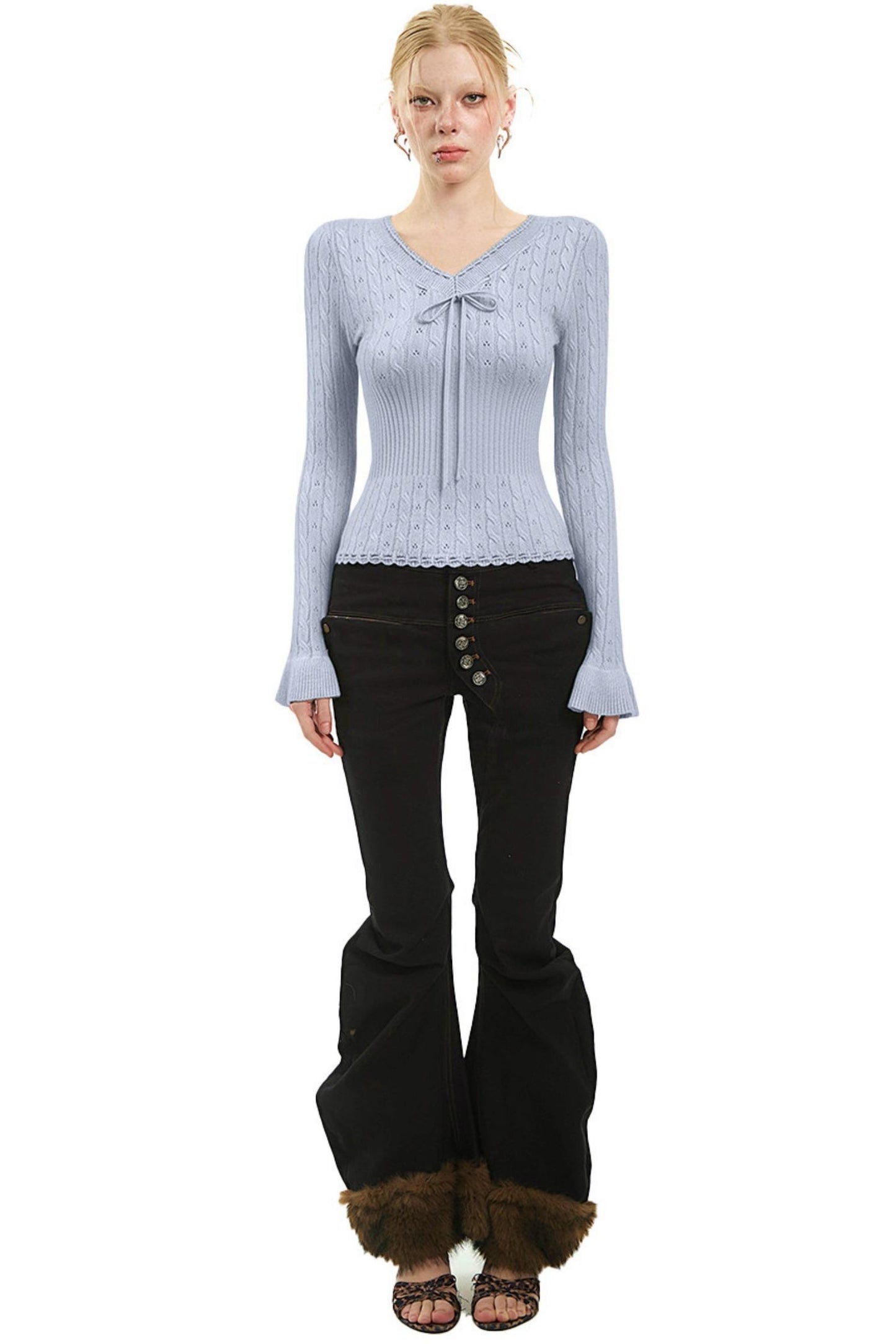 한국 슬림 니트 V넥 탑