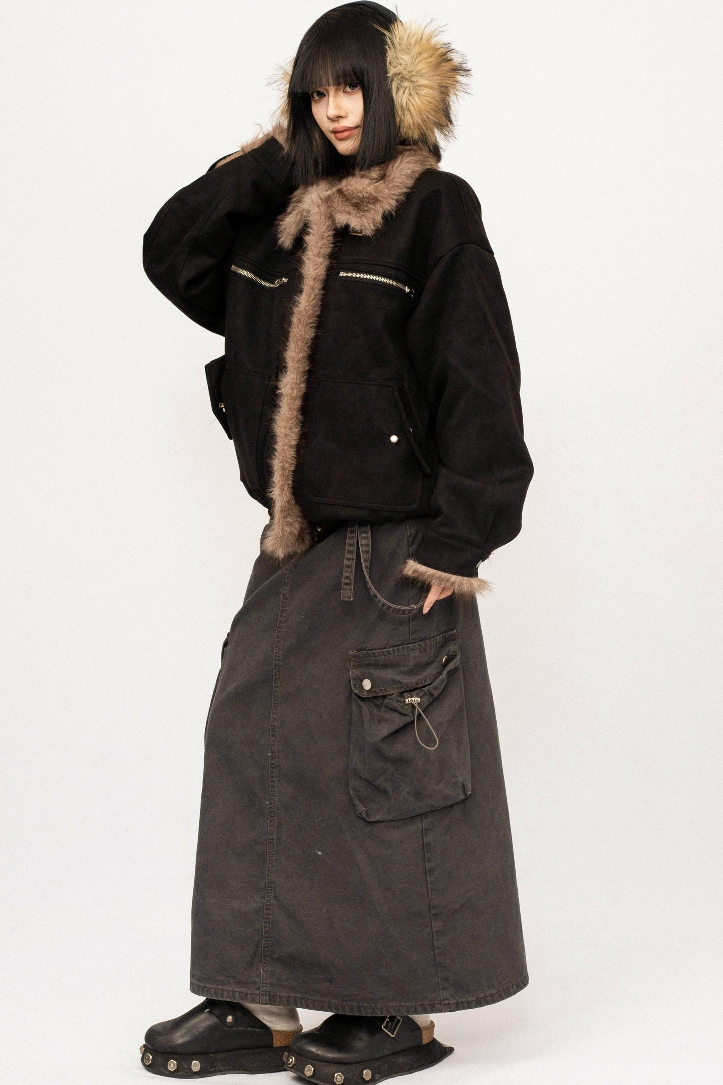 Retro Design Fur Collar Black Cotton Jacket