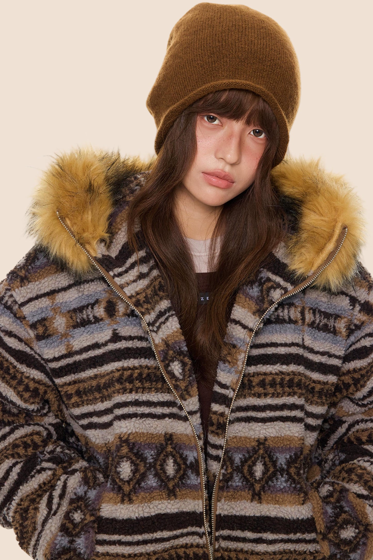 Ethnic Fur Collar Hooded Jacket