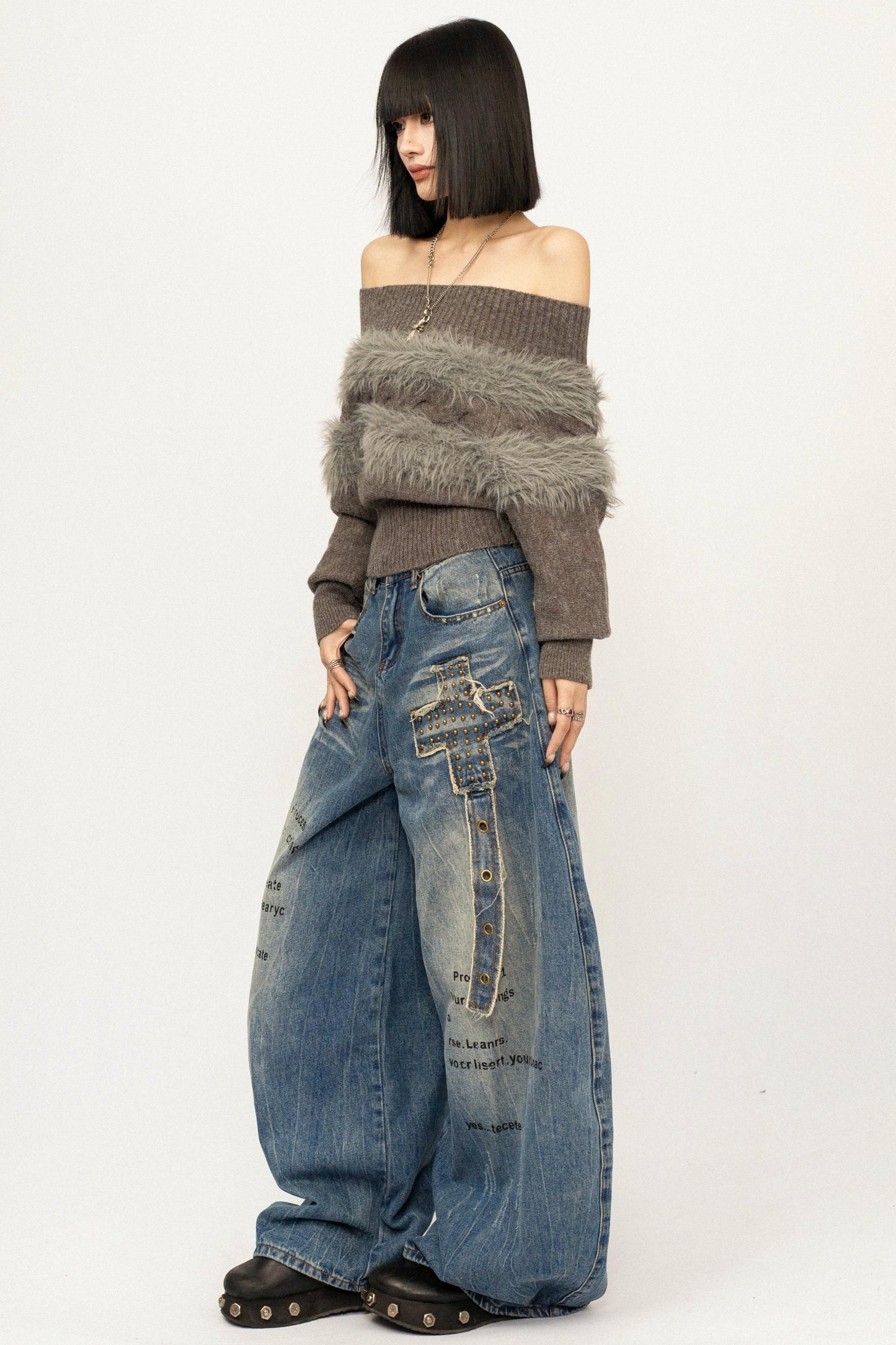 Off-Shoulder Fur Trim Sweater