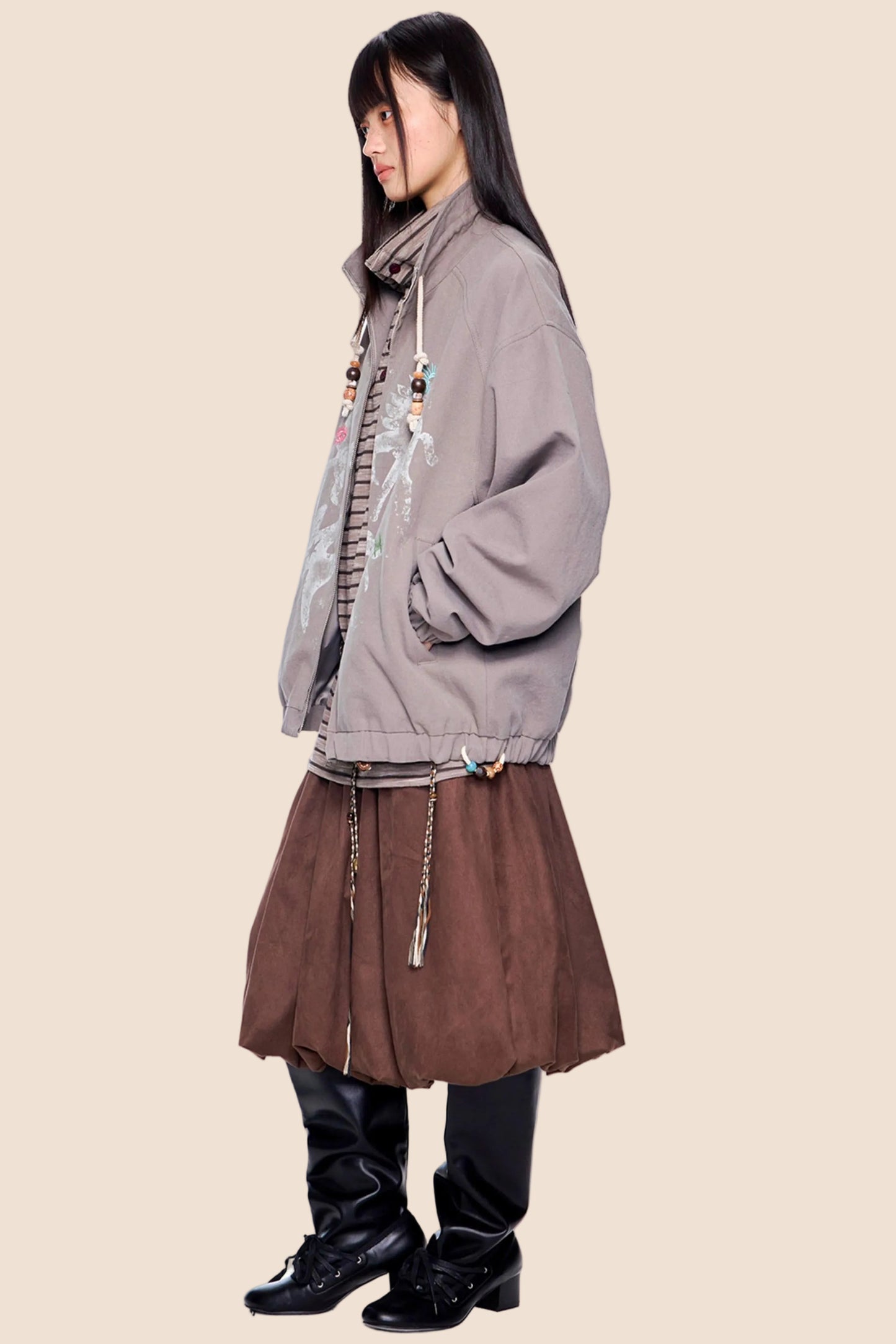 Patterned Retro Stand-Up Collar Jacket