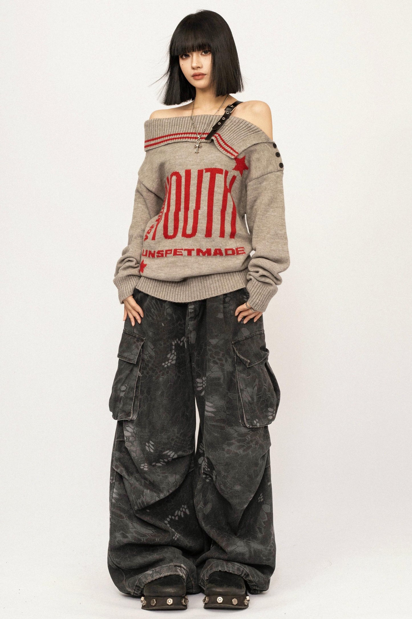 Retro Off-Shoulder Knit Cardigan