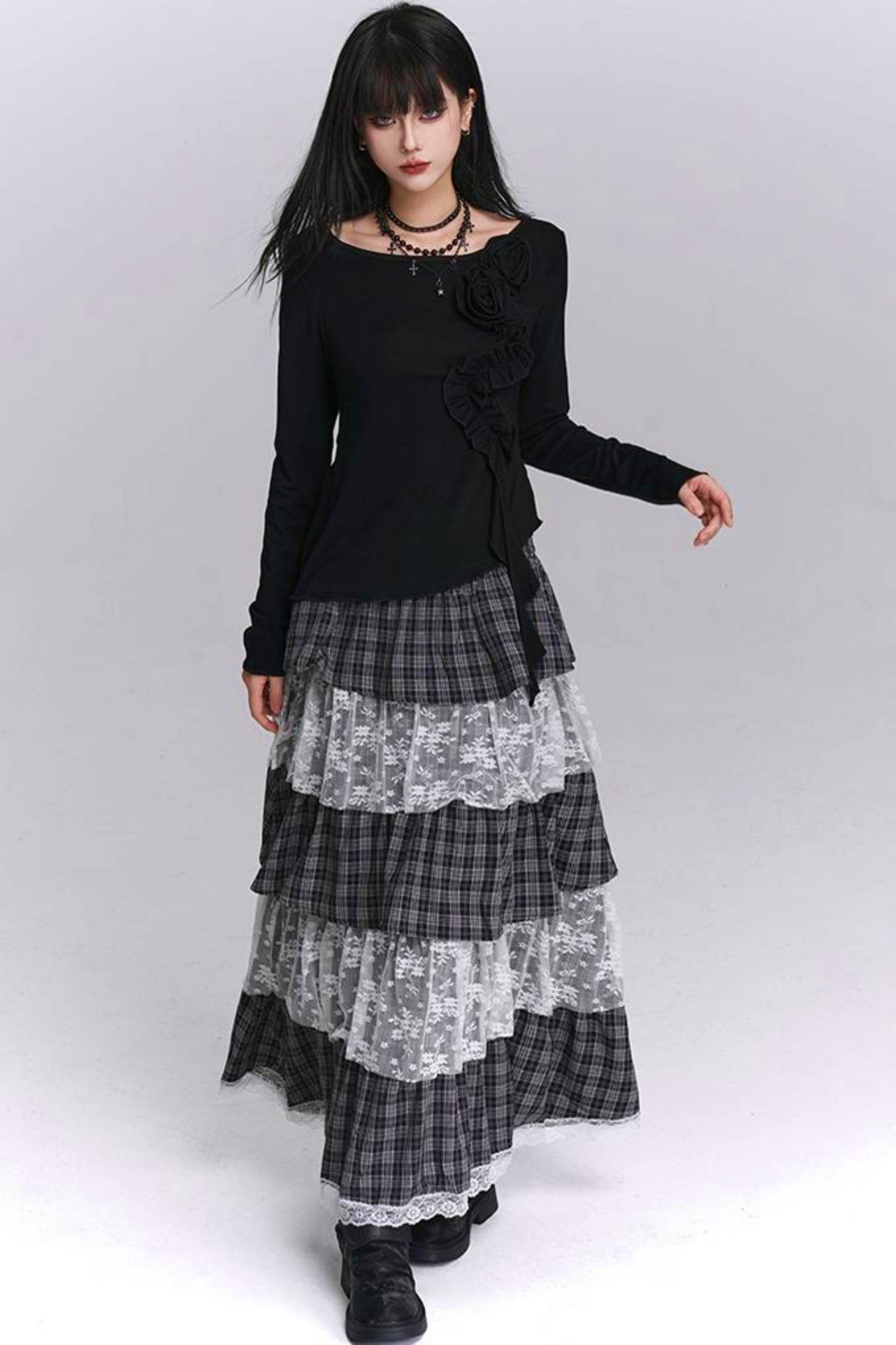 Plaid Tiered Long Skirt