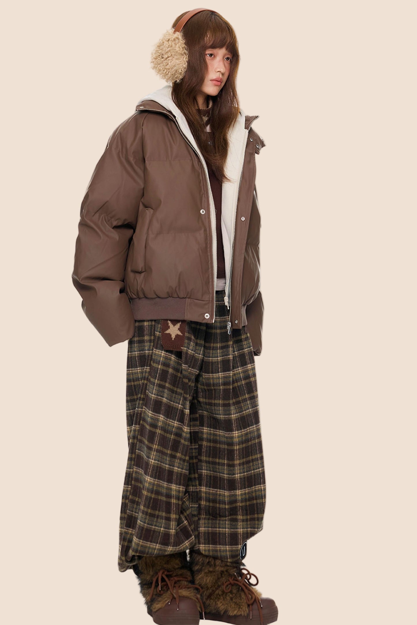 Color-Blocked Leather Hooded Jacket