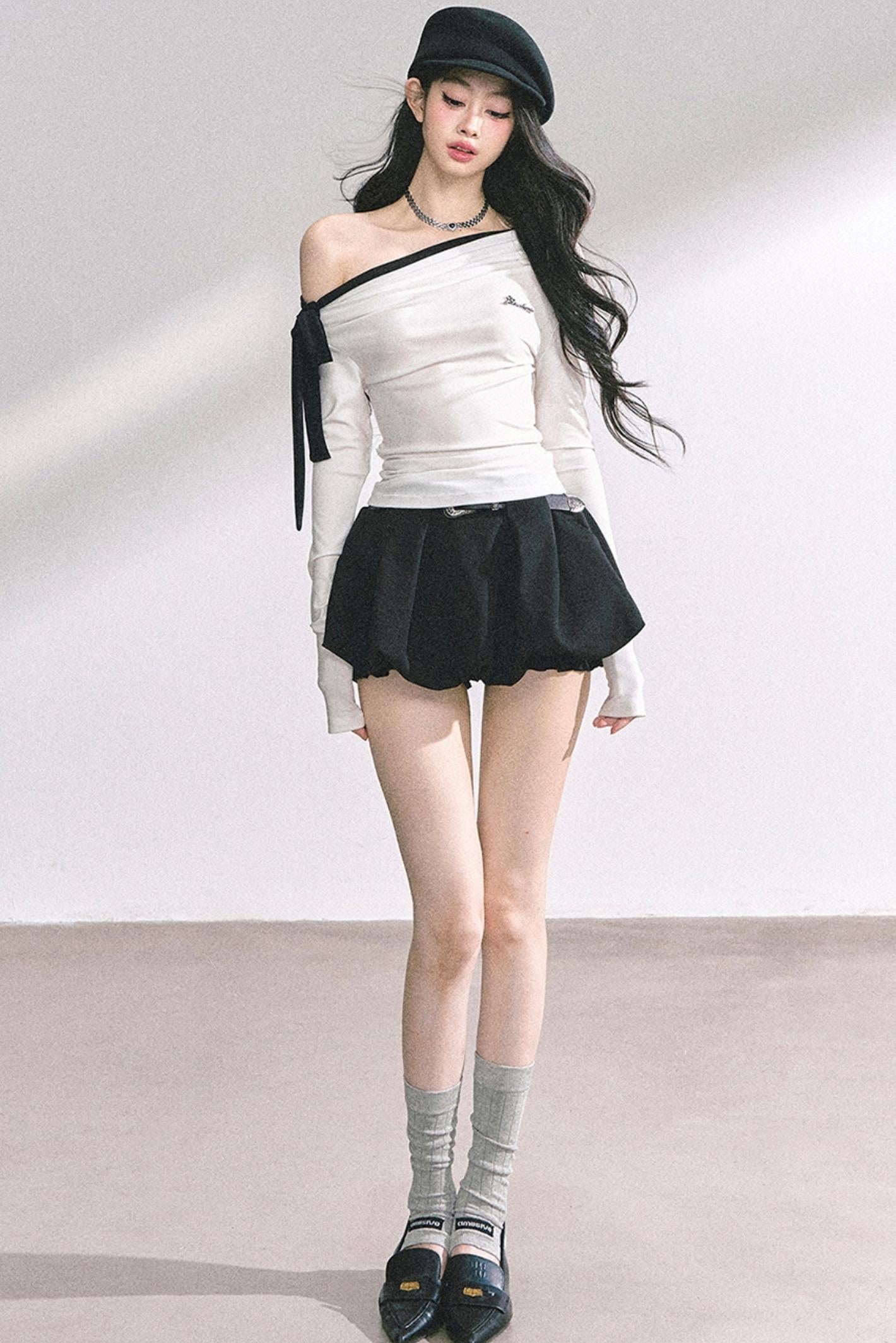 Swirl Waist Slimming Black Top