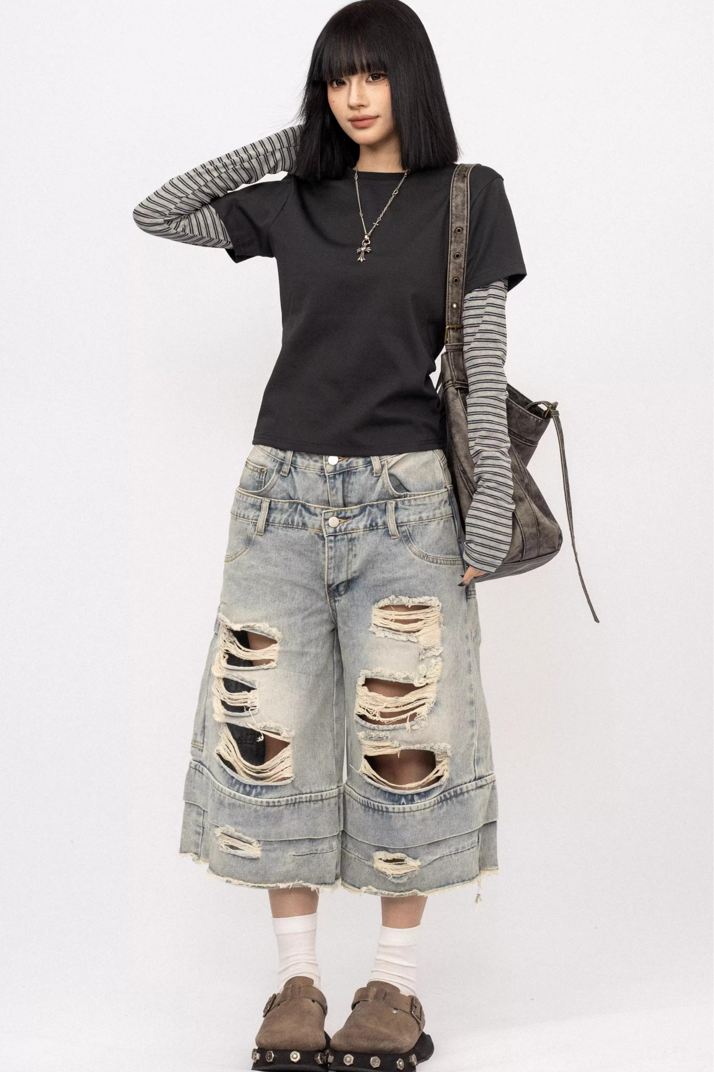 워싱 찢어진 데님 크롭 팬츠