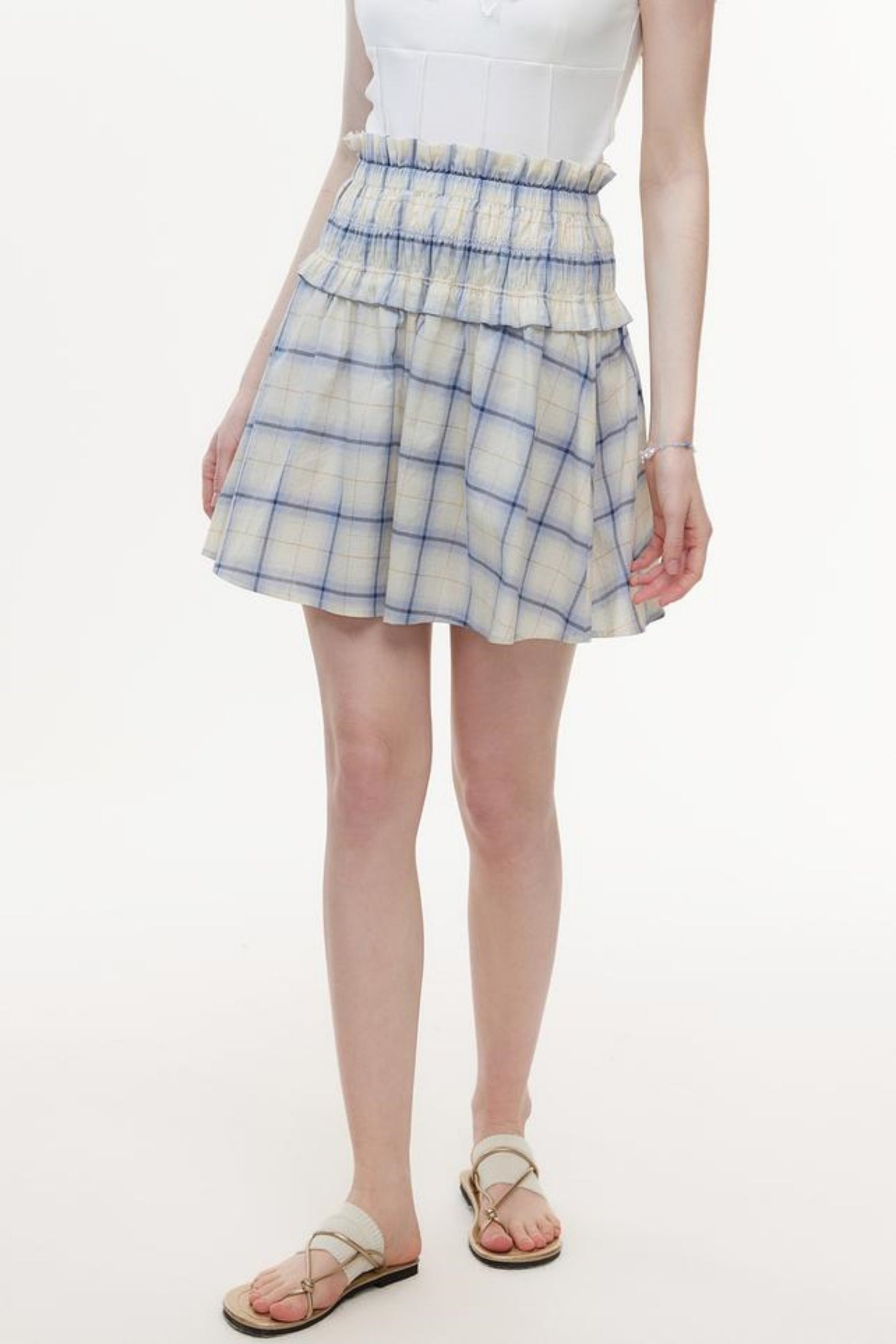 One-Shoulder Smocked Check Blouse