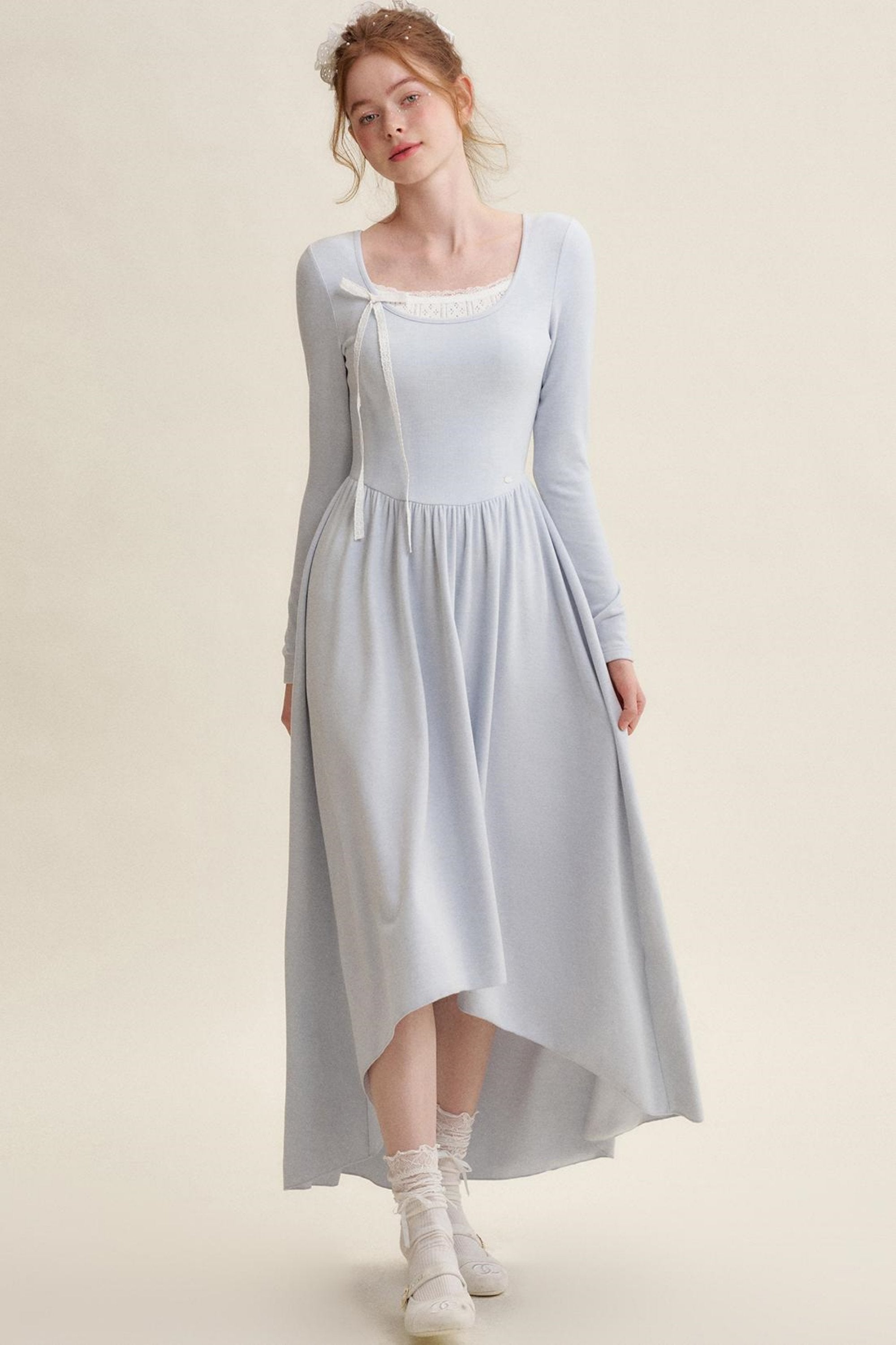 Lace Panel Waist Cinched Flare Dress