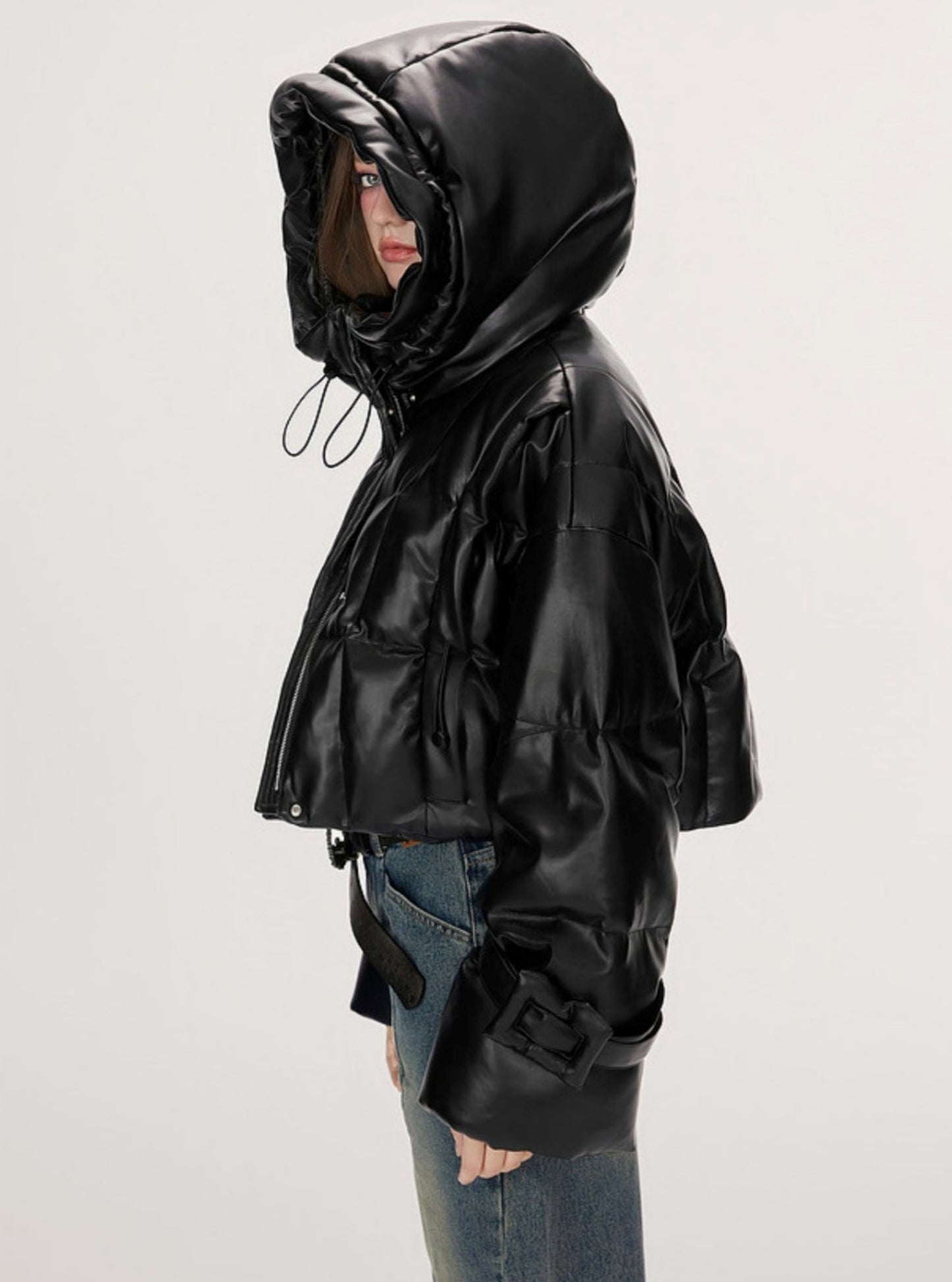 Retro biker style hooded warm leather jacket