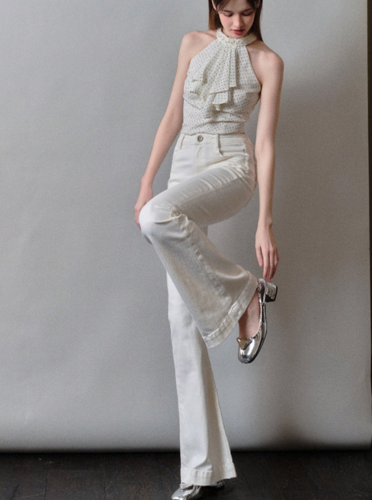 프랑스 디자인 폴카 도트 홀터넥 세트업