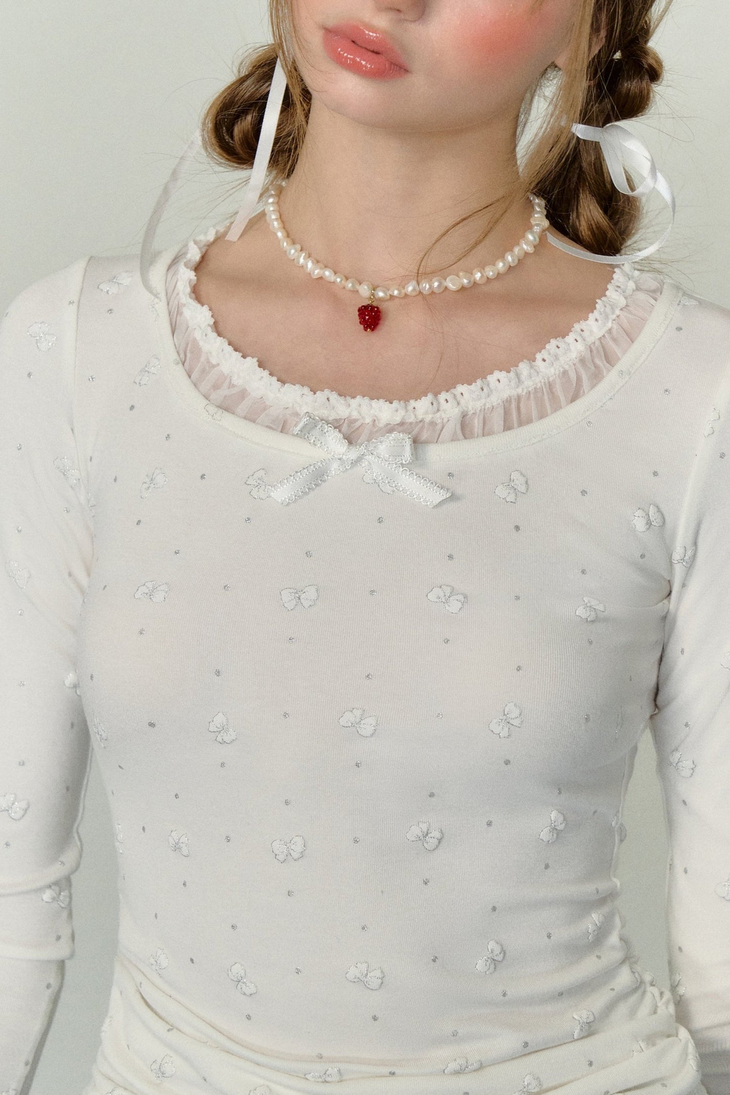 프렌치 레트로 보우 롱 슬리브 티