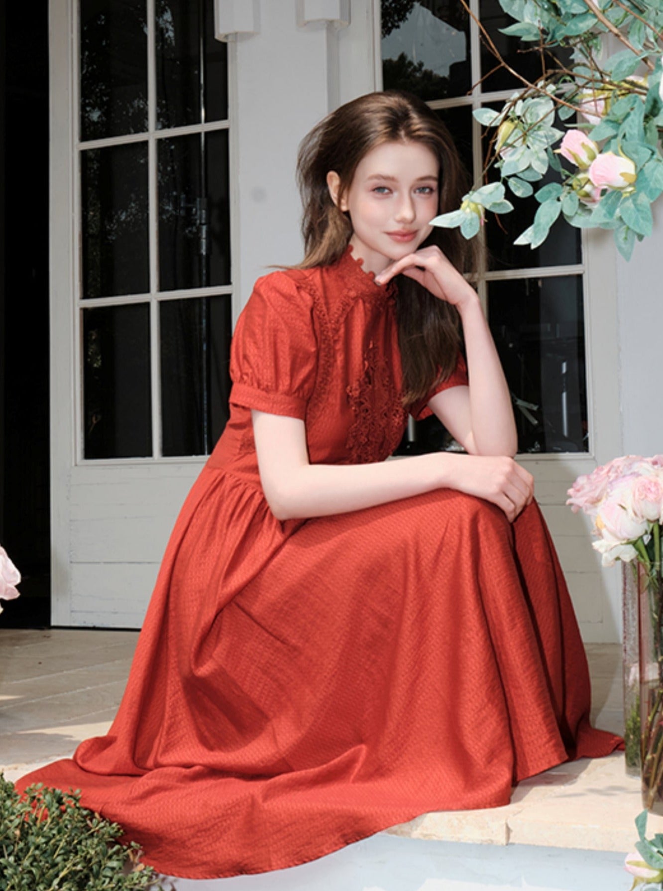 French Hepburn Red Short Sleeve Dress