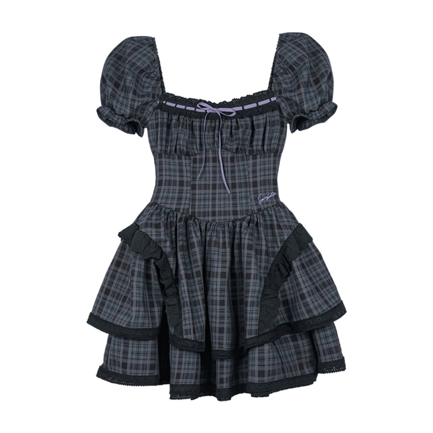Plaid Bubble Sleeve Cake Dress