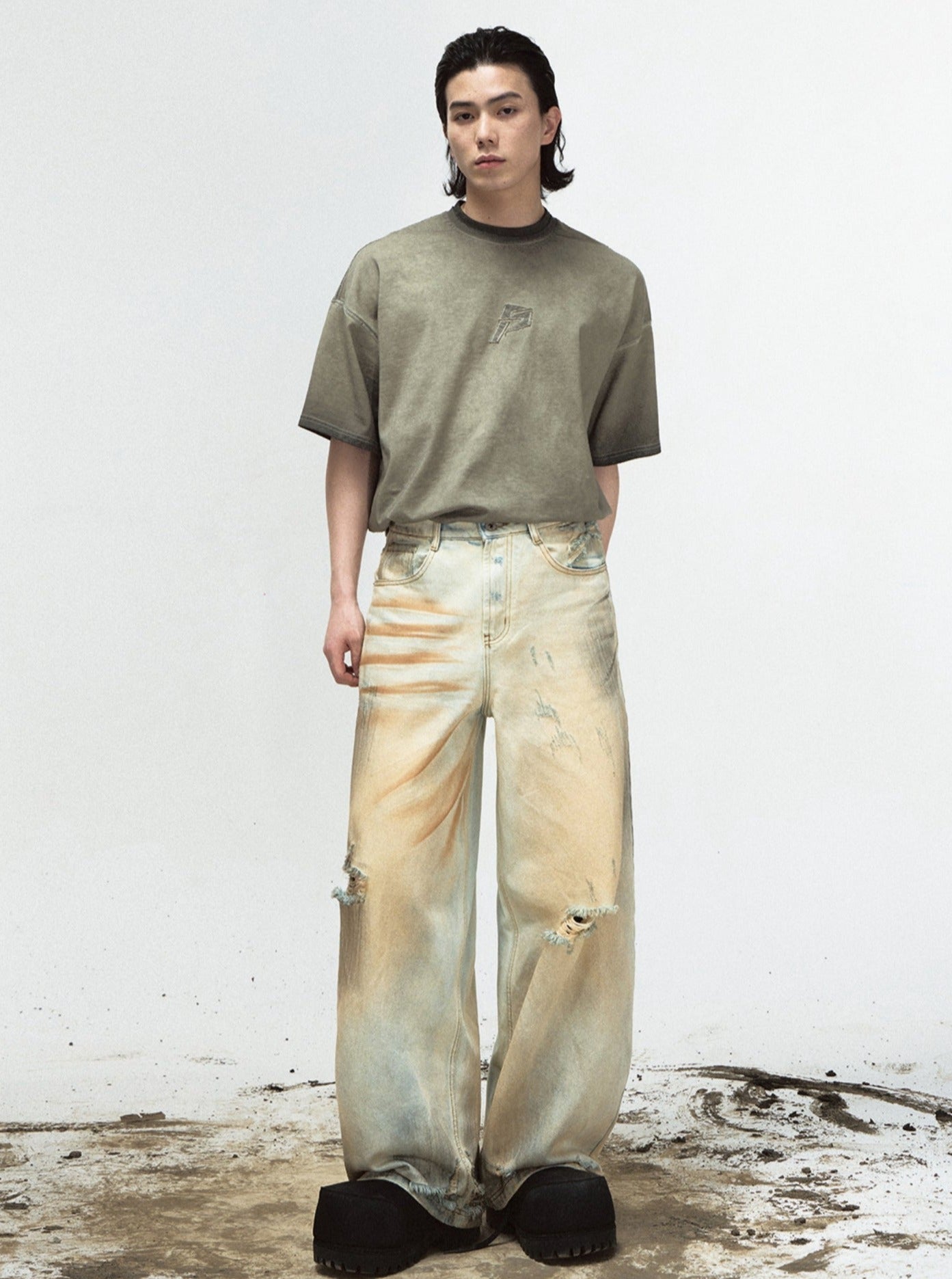 Retro Ripped Yellow Denim Pants