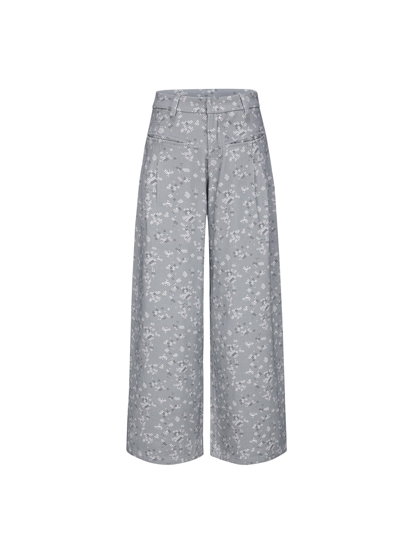 Gray Floral Wide-Leg Pants