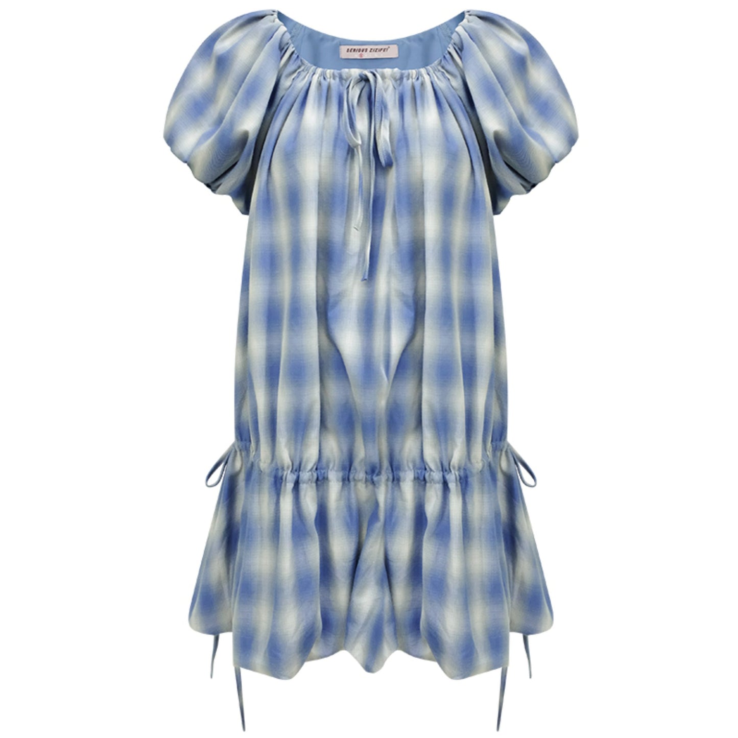 Blue Check Puff Sleeve Dress