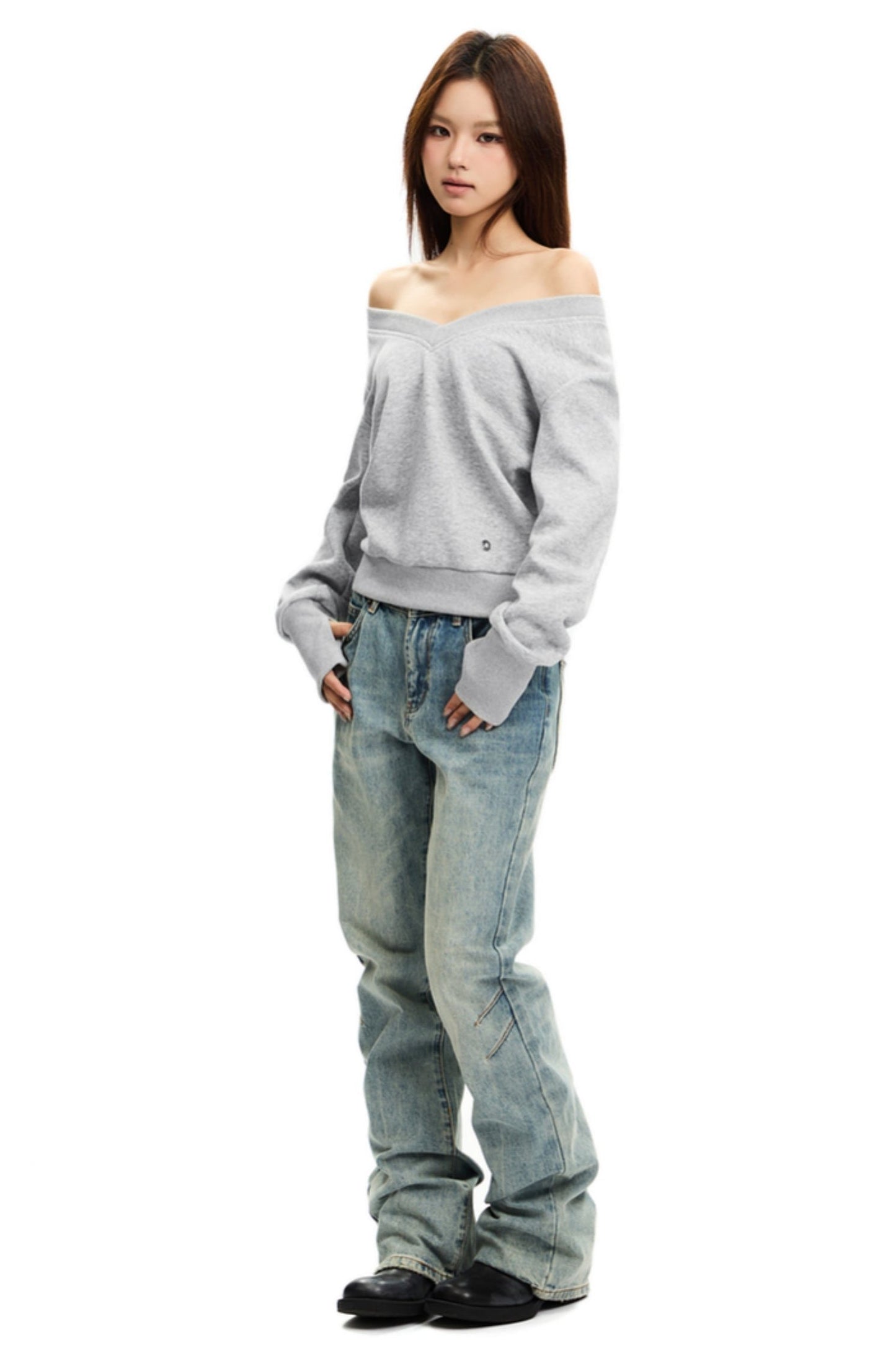 Lässiges Off-Shoulder V-Ausschnitt Oberteil