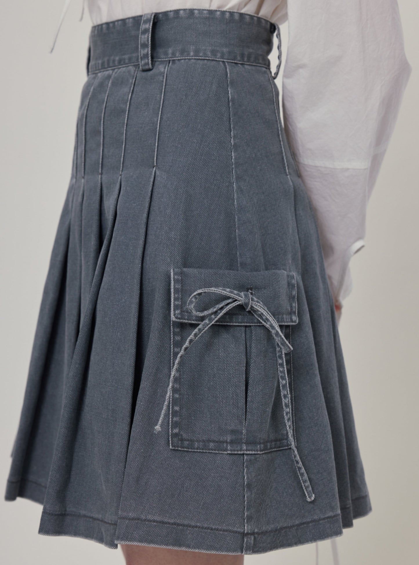 High waist slim bow pleated denim skirt set