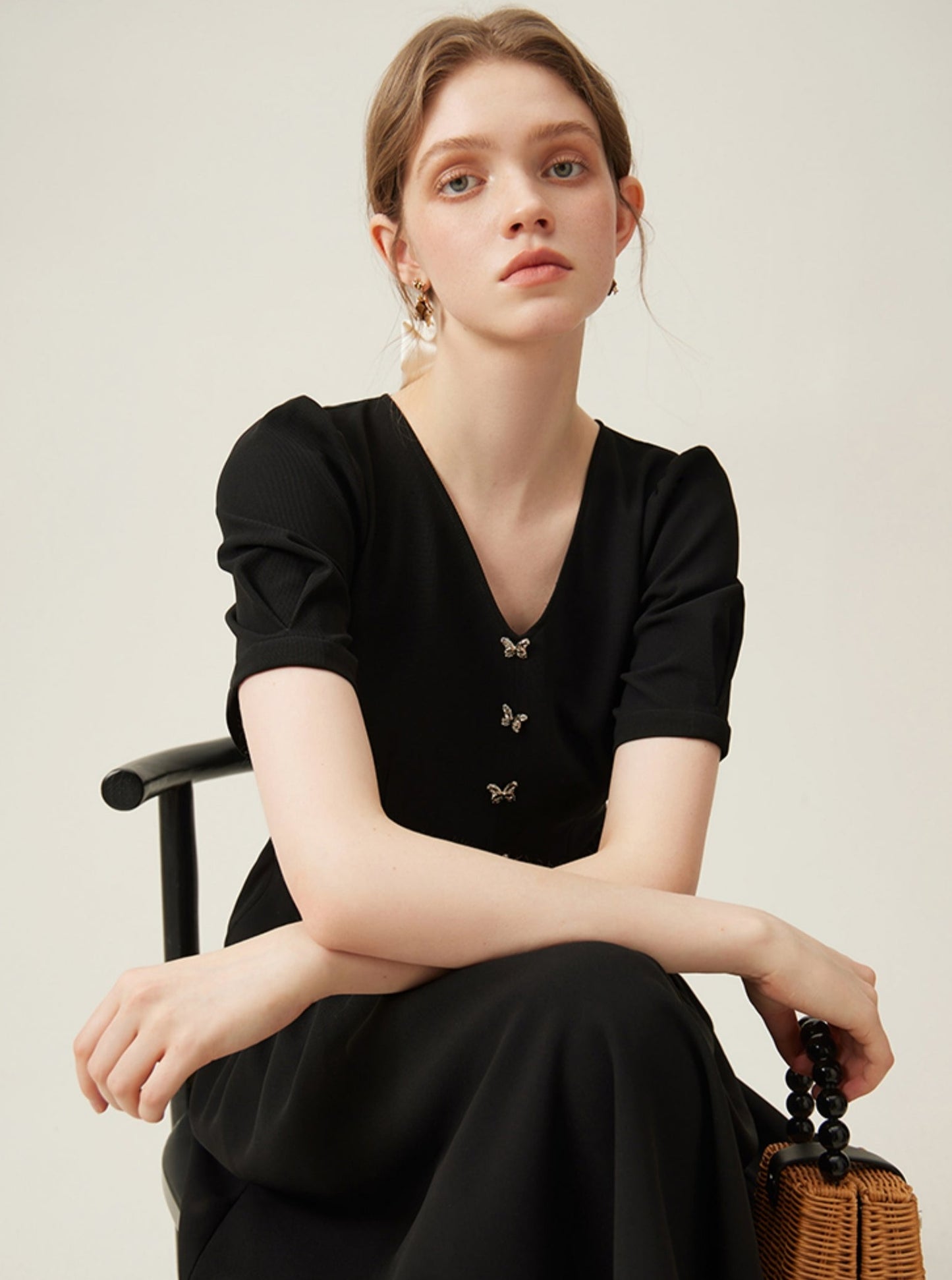 French V-Neck Black Bow Dress