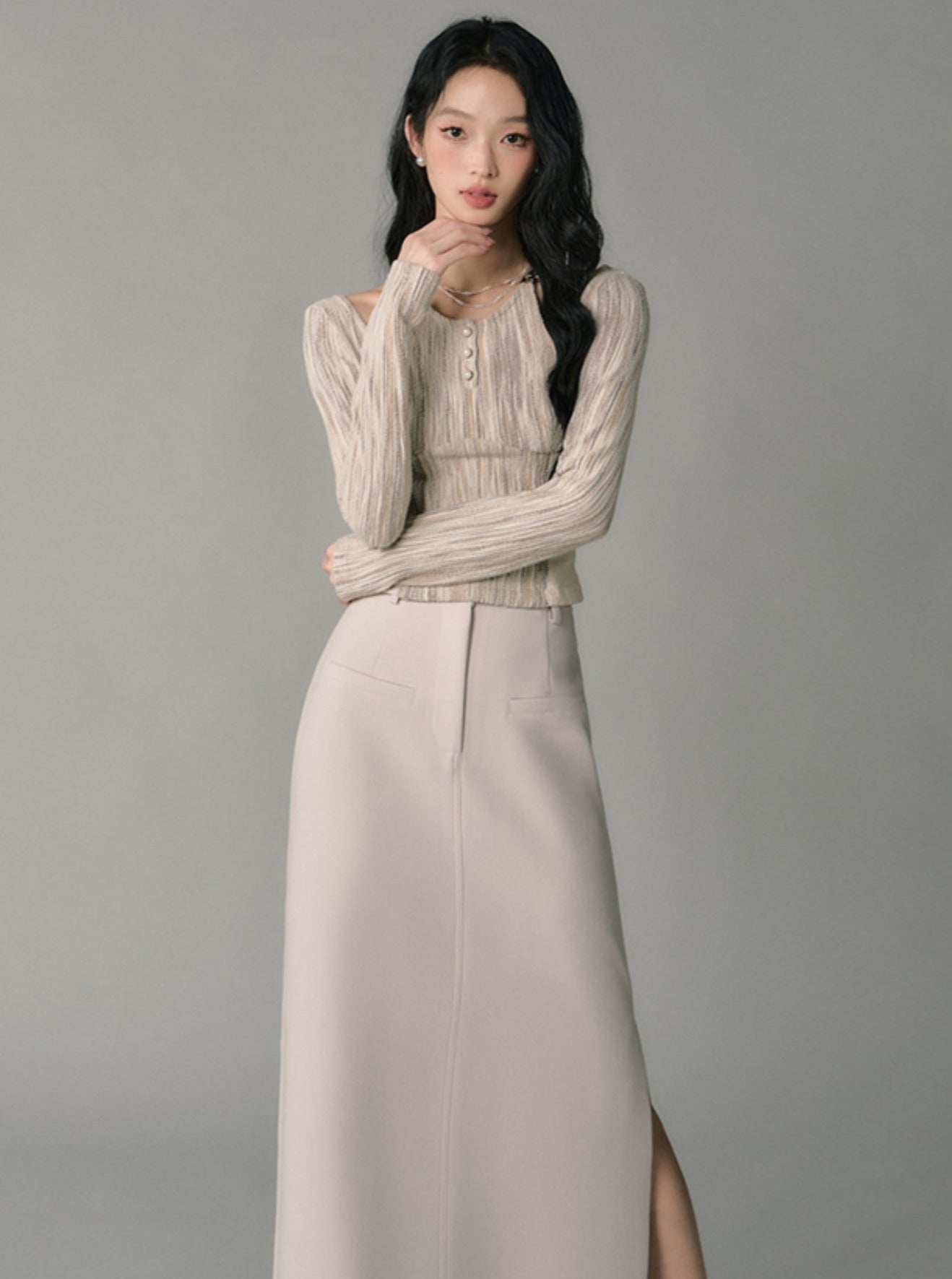 high-waisted suit skirt