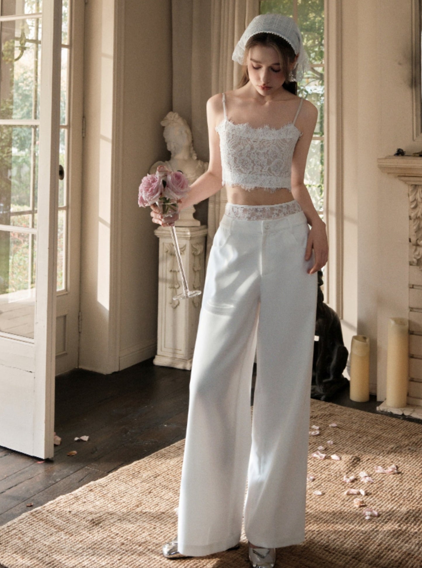 Elegant White Wide-Leg Slacks Pants