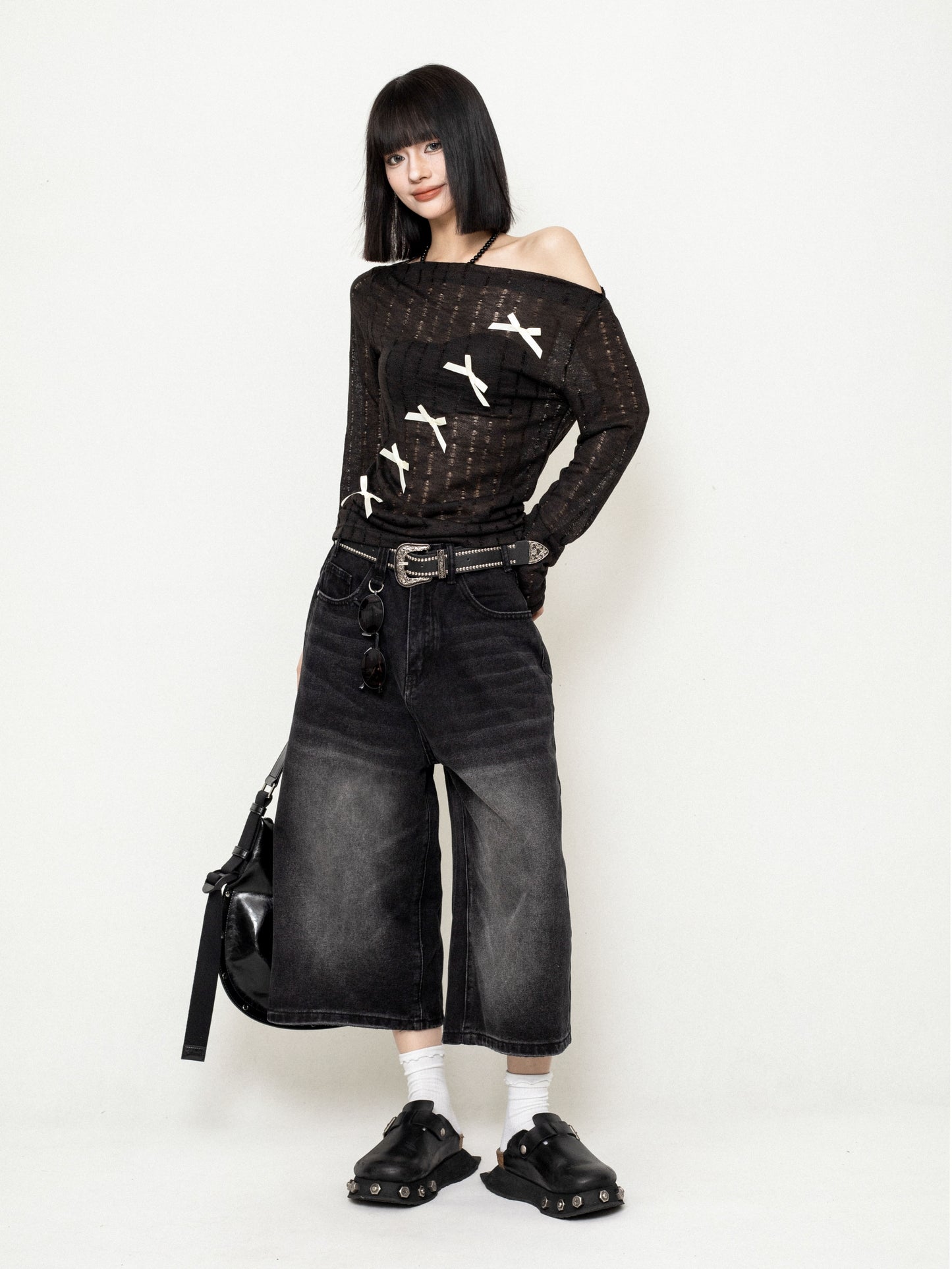 Schulterfreies Mesh Cut-Out Bluse