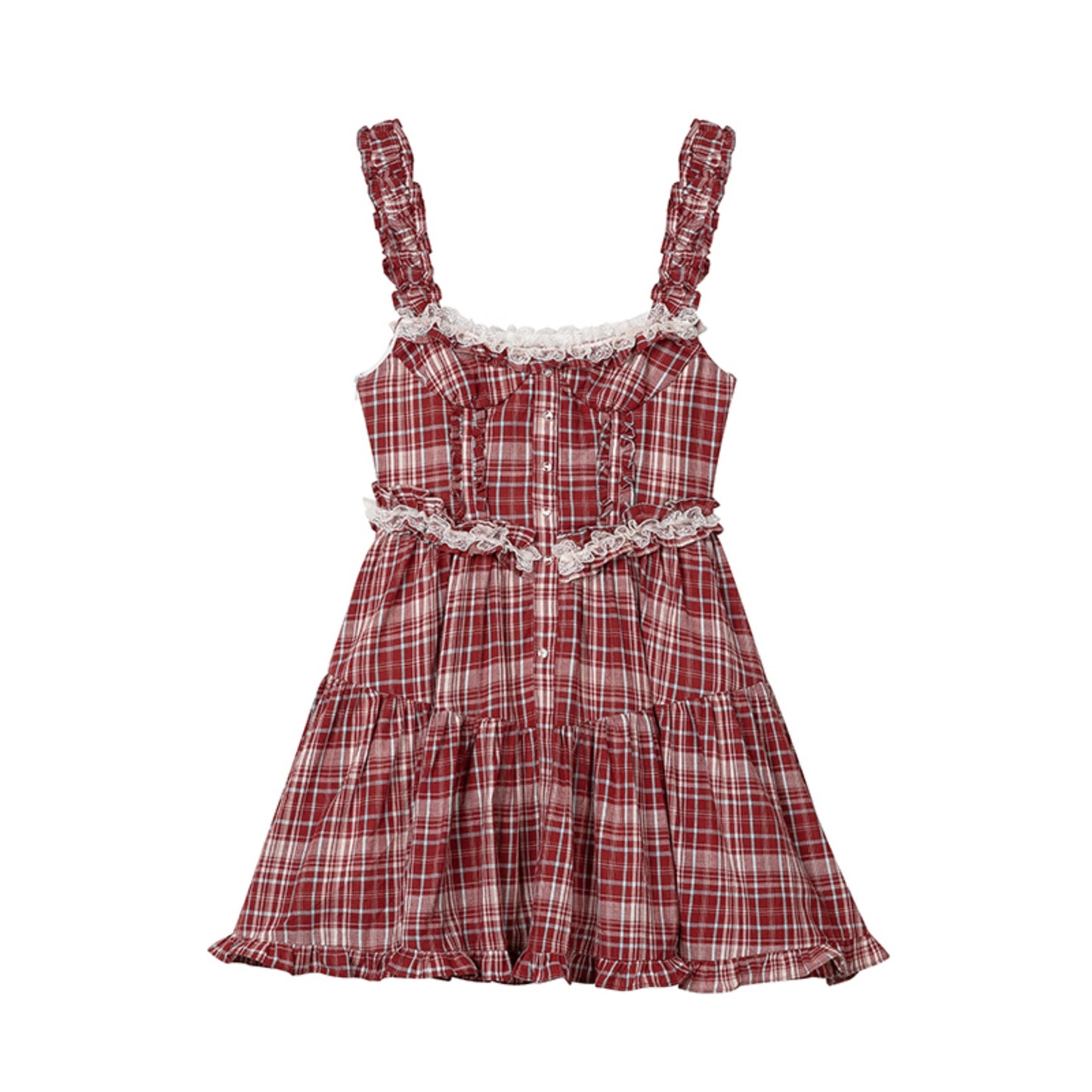 Pink Plaid Ruffle Lace Cami Dress