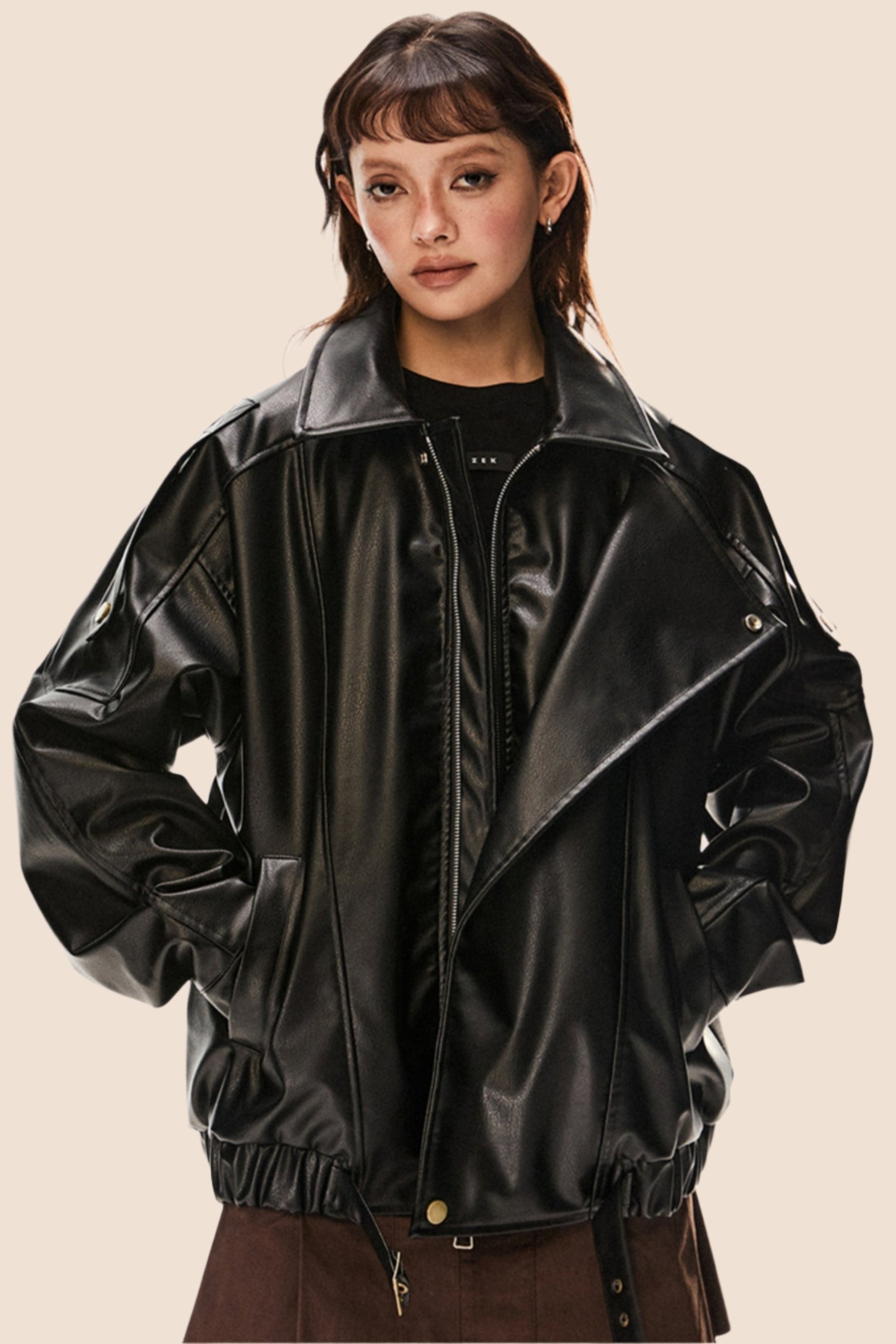 Warm thick leather biker jacket main image 1