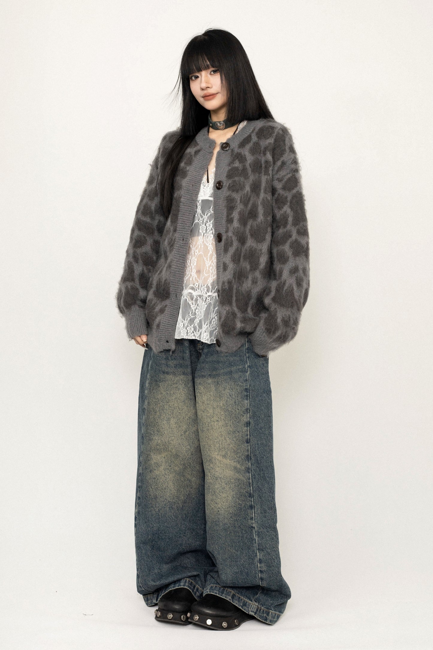 루즈 핏 레오파드 프린트 니트 재킷