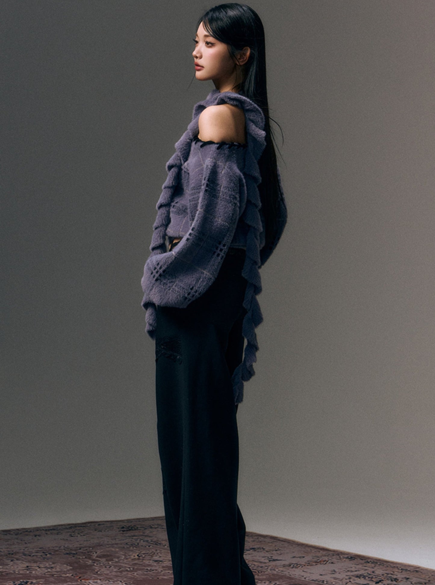 Wool Shoulder Sweater with Ruffled Scarf