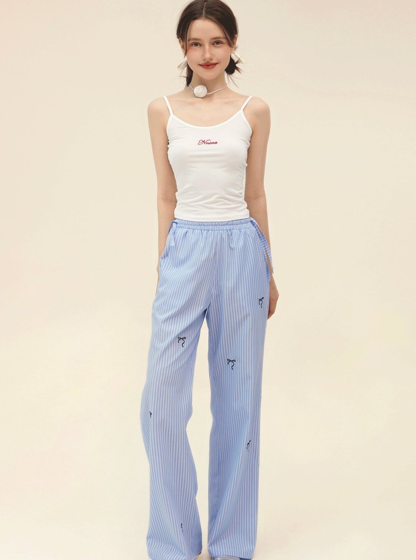 T-Shirt With Bow Embroidery Wide Leg Pants Set-Up
