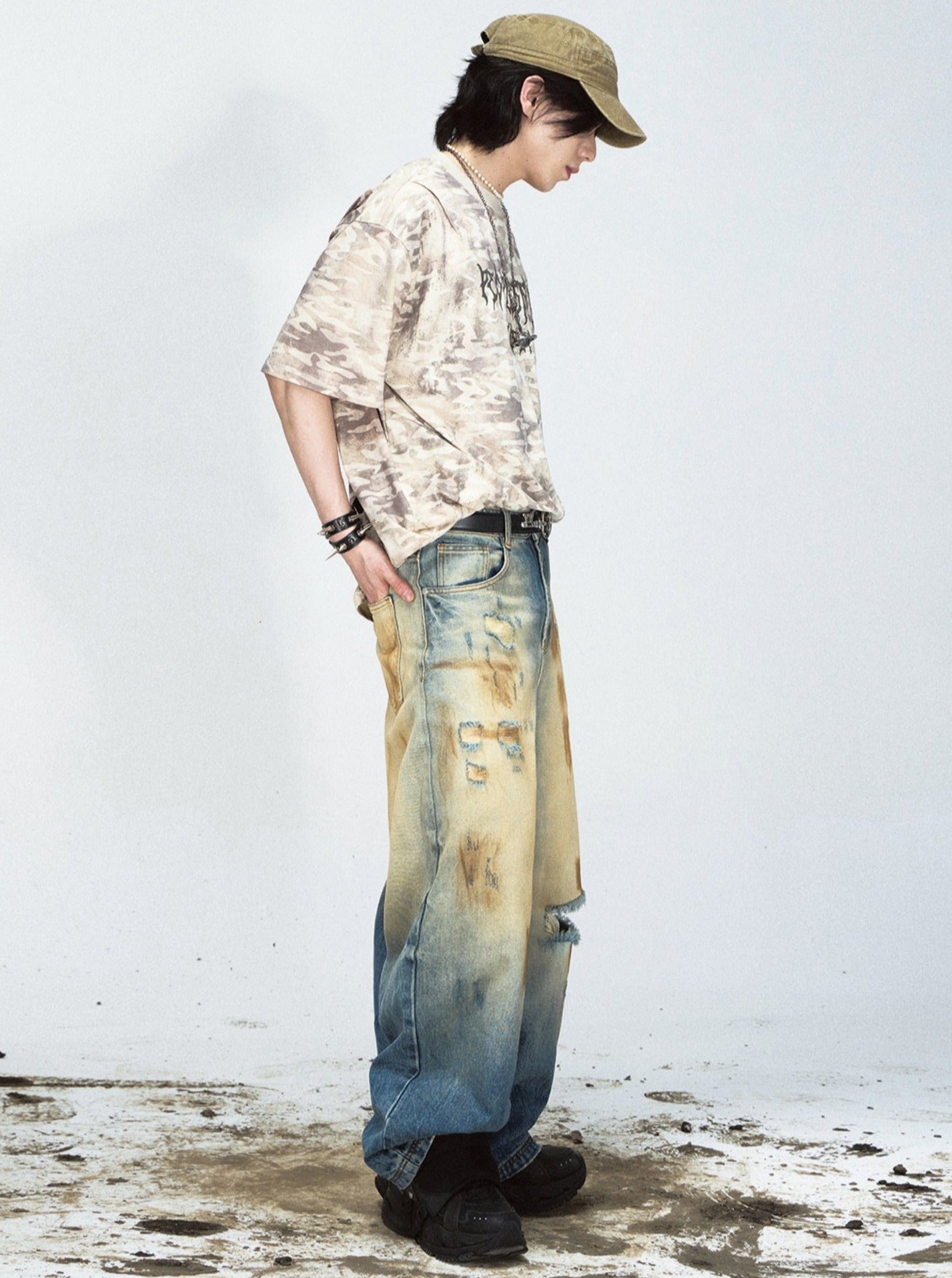 Yellow Mud Dyed Distressed Pants