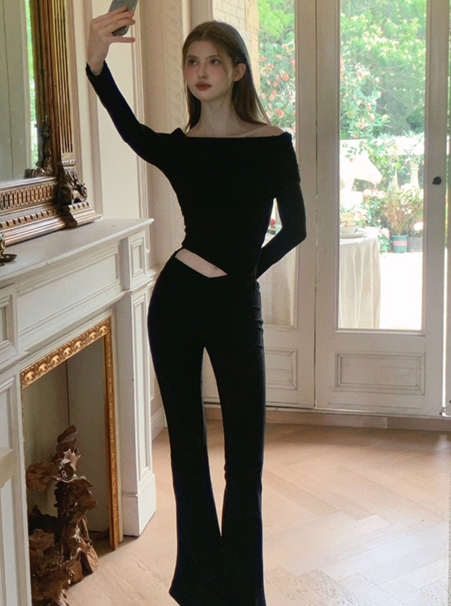 프렌치 오프 숄더 니트 탑