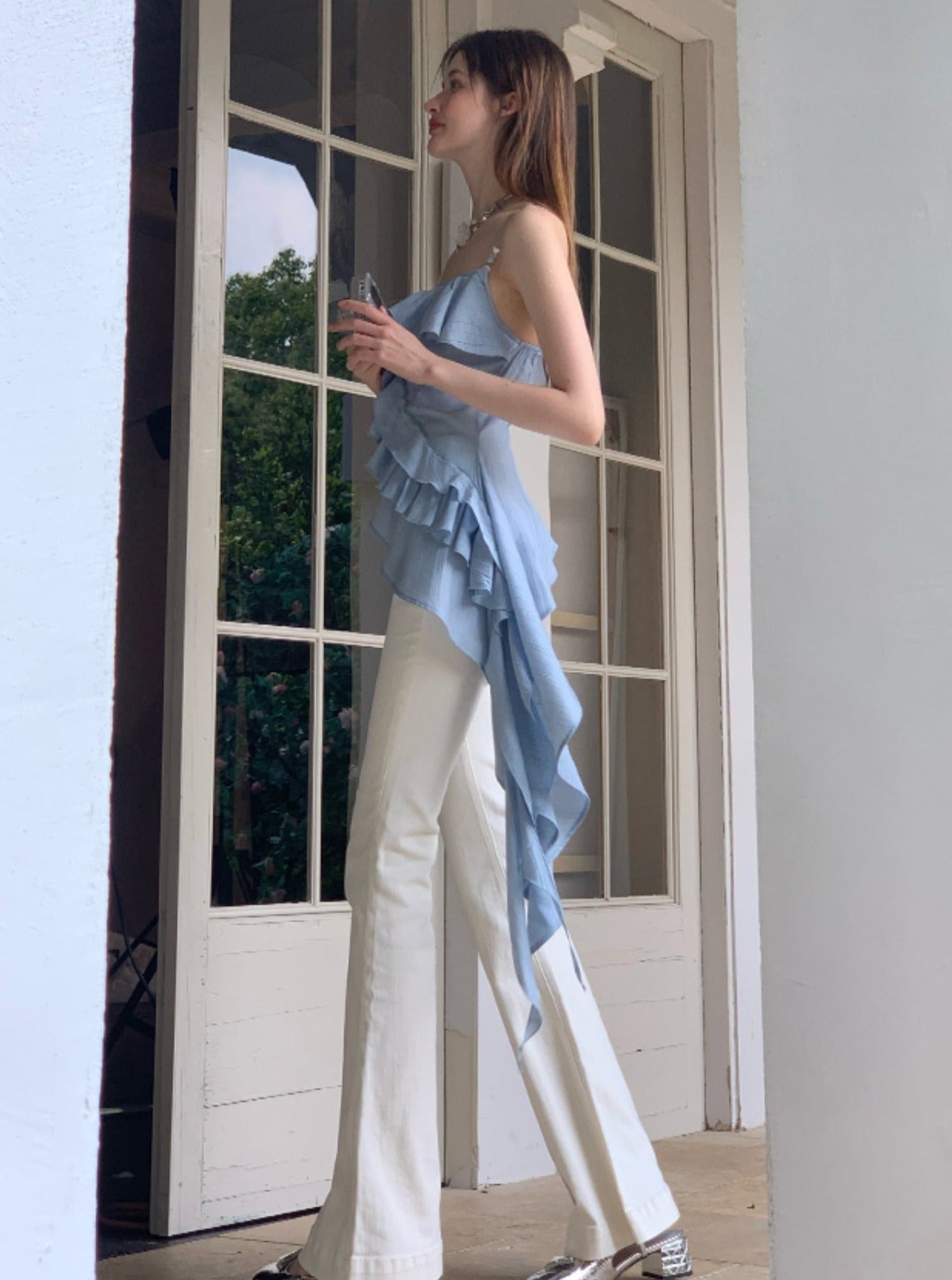 클로이존 블루 니치 러플 드레스 탑