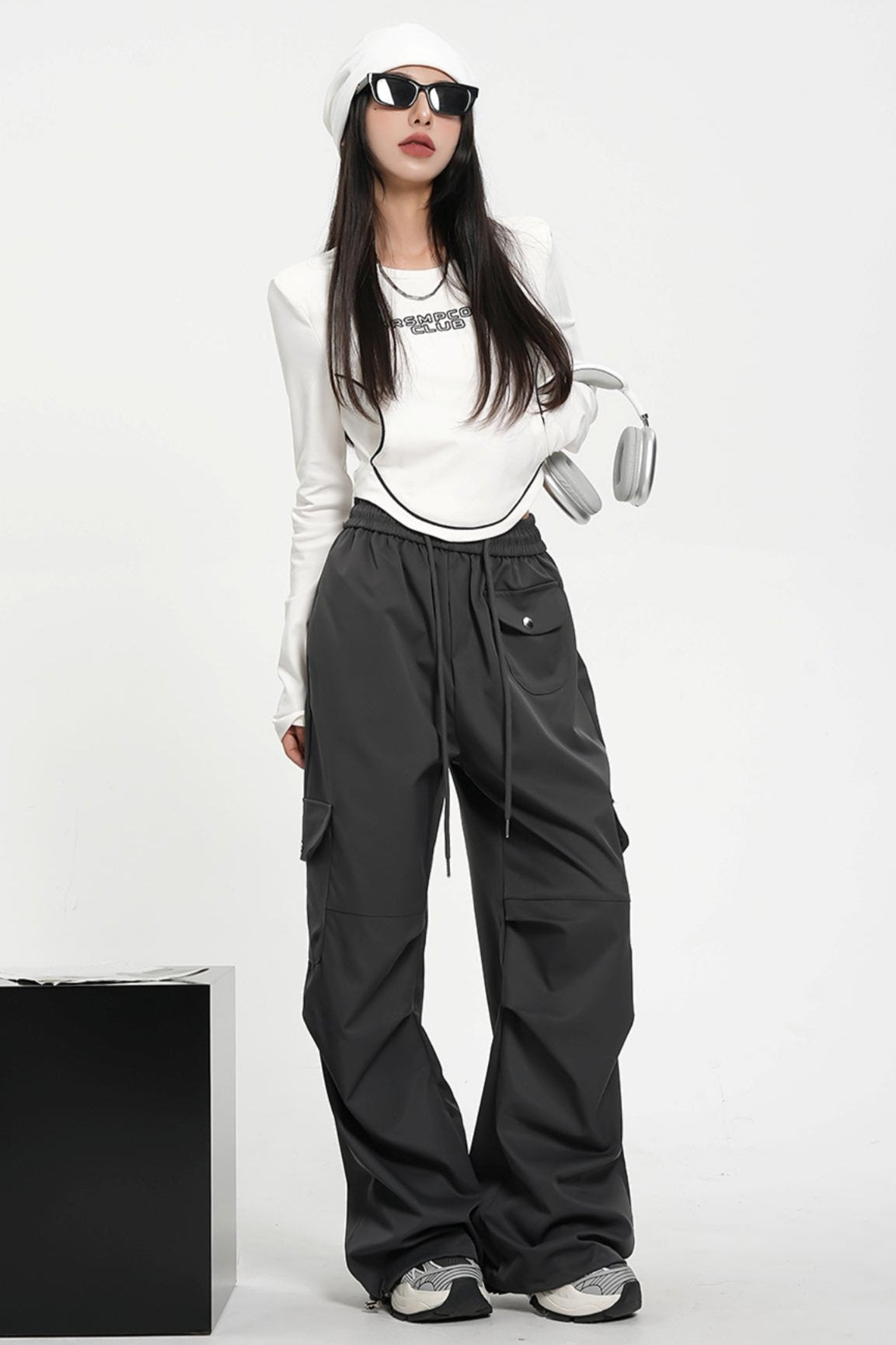 하이 웨이스트 롱 슬리브 크롭 탑